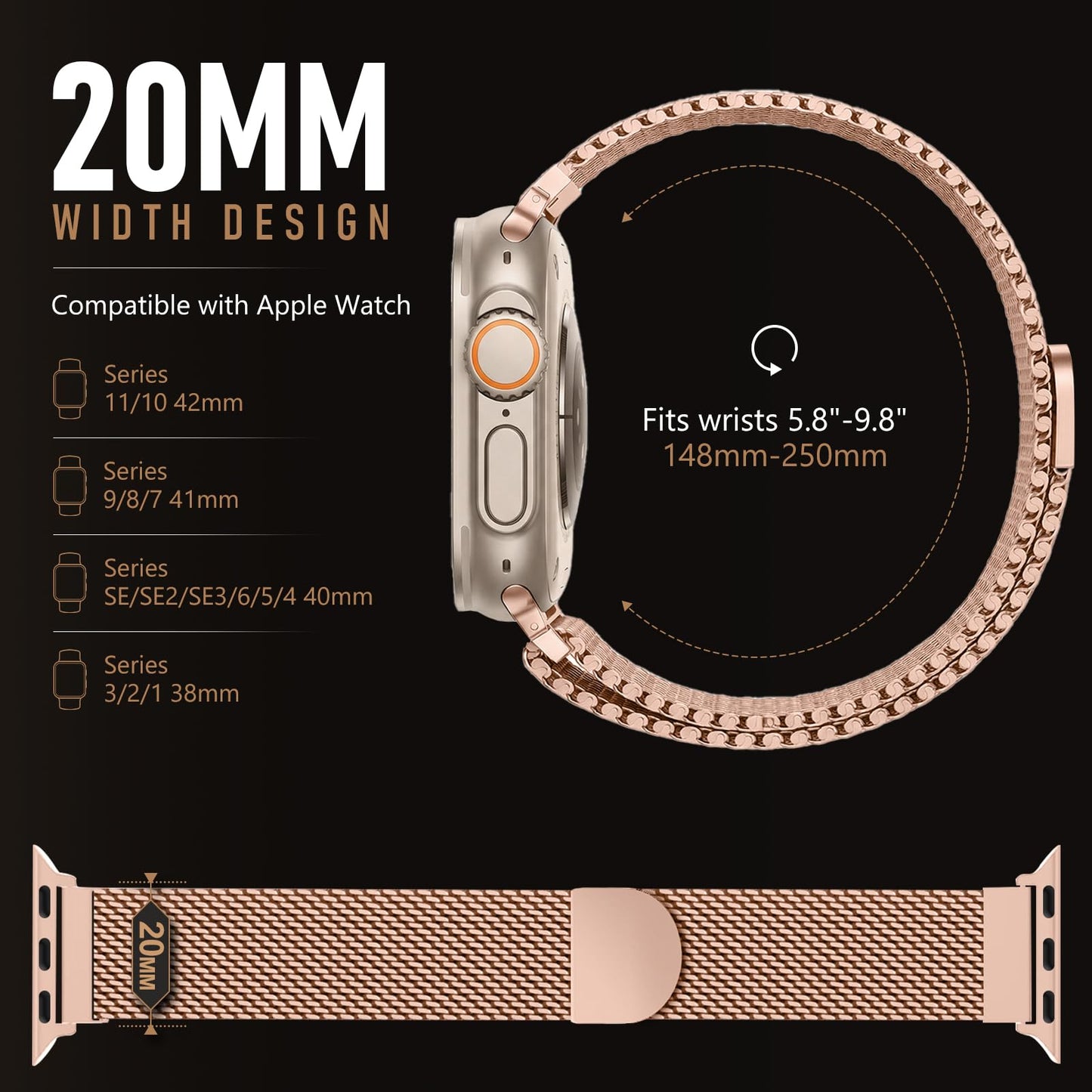 Milanese Loop Compatible with Apple Watch Band 40mm 41mm 42mm 38mm Men Women, Magnetic Buckle Strap Stainless Steel Mesh Metal Bands for iWatch Series