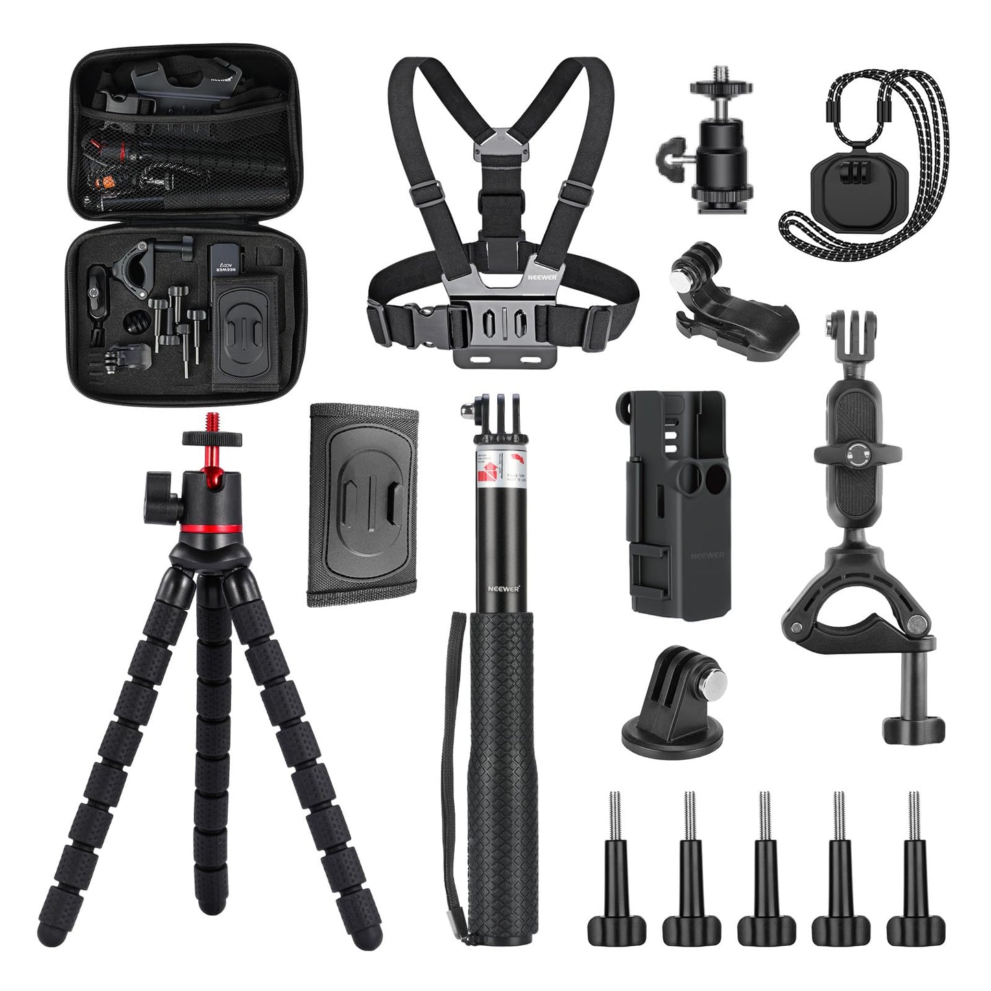 NEEWER Basics 16 in 1 Accessories Kit Compatible with DJI OSMO Pocket 3, Mini Tripod Selfie Stick Chest Strap Magnetic Neck Mount Extension Adapter