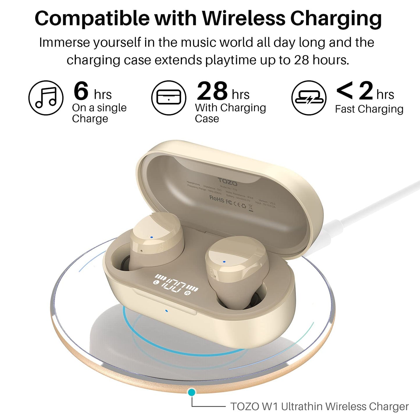 TOZO T12 Wireless Earbuds Bluetooth 5.3, Premium Sound, LED Digital Display