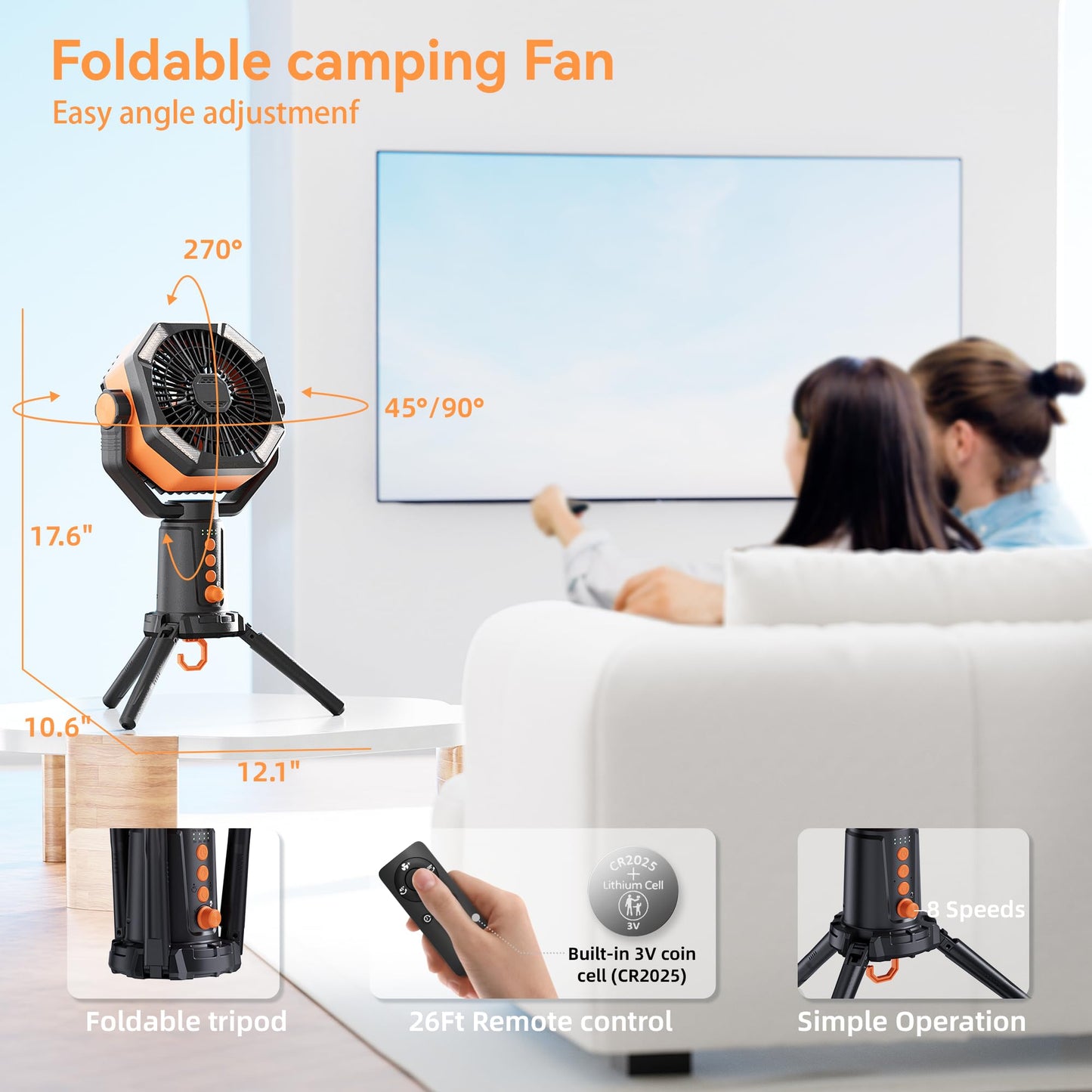 MORIKO Table Fans Tripod, 20000mAh Rechargeable Battery Operated Portable Tent Fan with LED Lantern, Remote Control, Hook, 270° Pivot, Stepless
