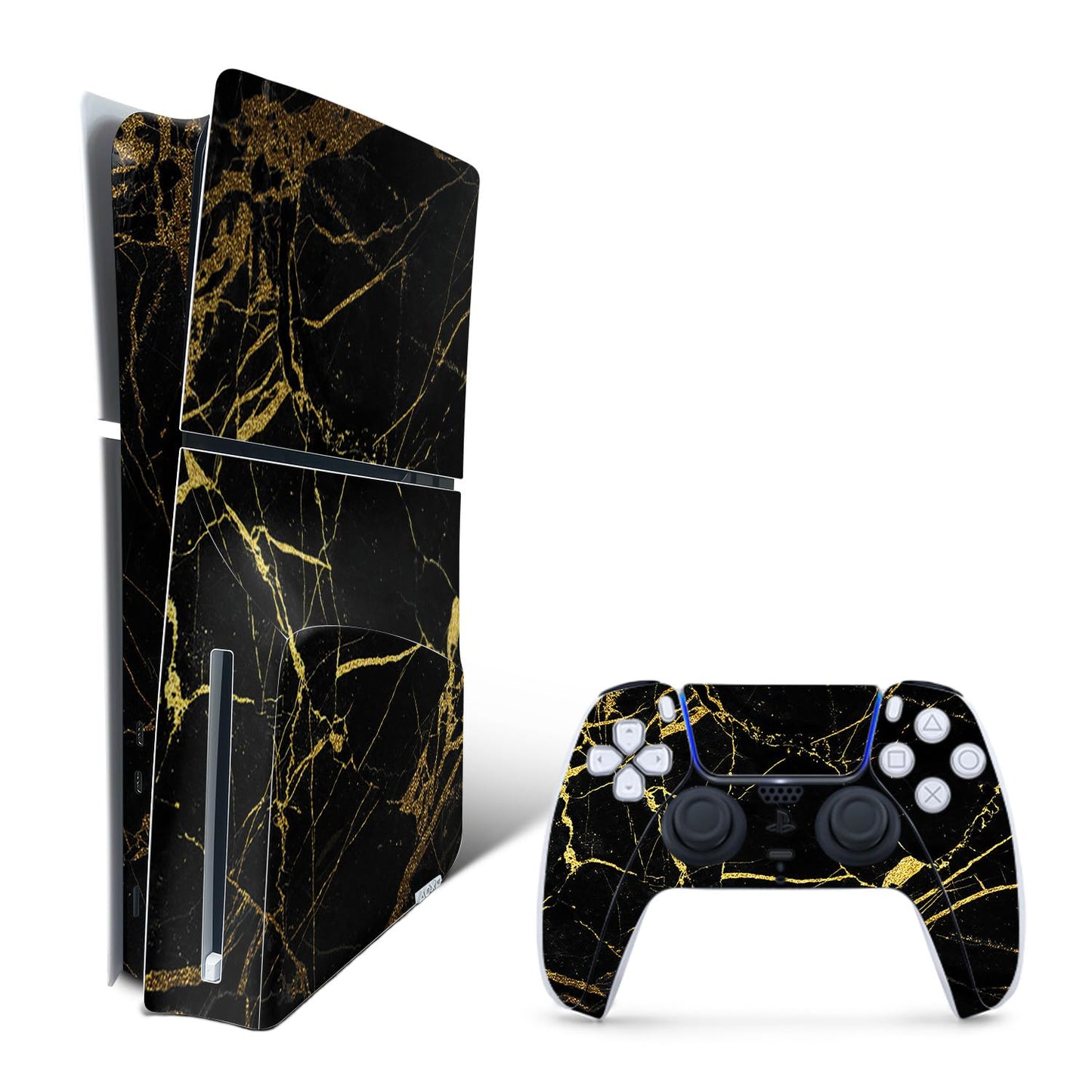 MightySkins Skin Compatible with Playstation 5 Slim Disk Edition Bundle - Black Gold Marble | Protective, Durable, and Unique Vinyl Decal wrap Cover |