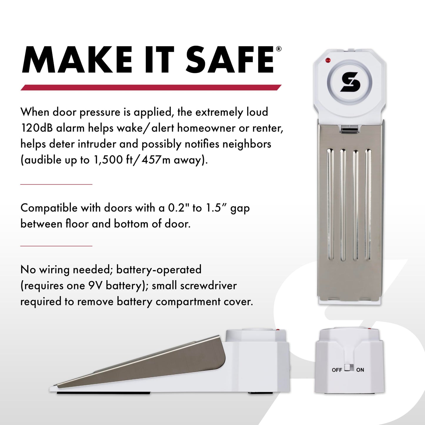 SABRE 120 dB Wedge Door Stop Security Alarm, Extremely Loud Wireless Alarm Siren Audible Up To 1,500 Ft., Non-Skid Pad, Compact Alarm Great for Home