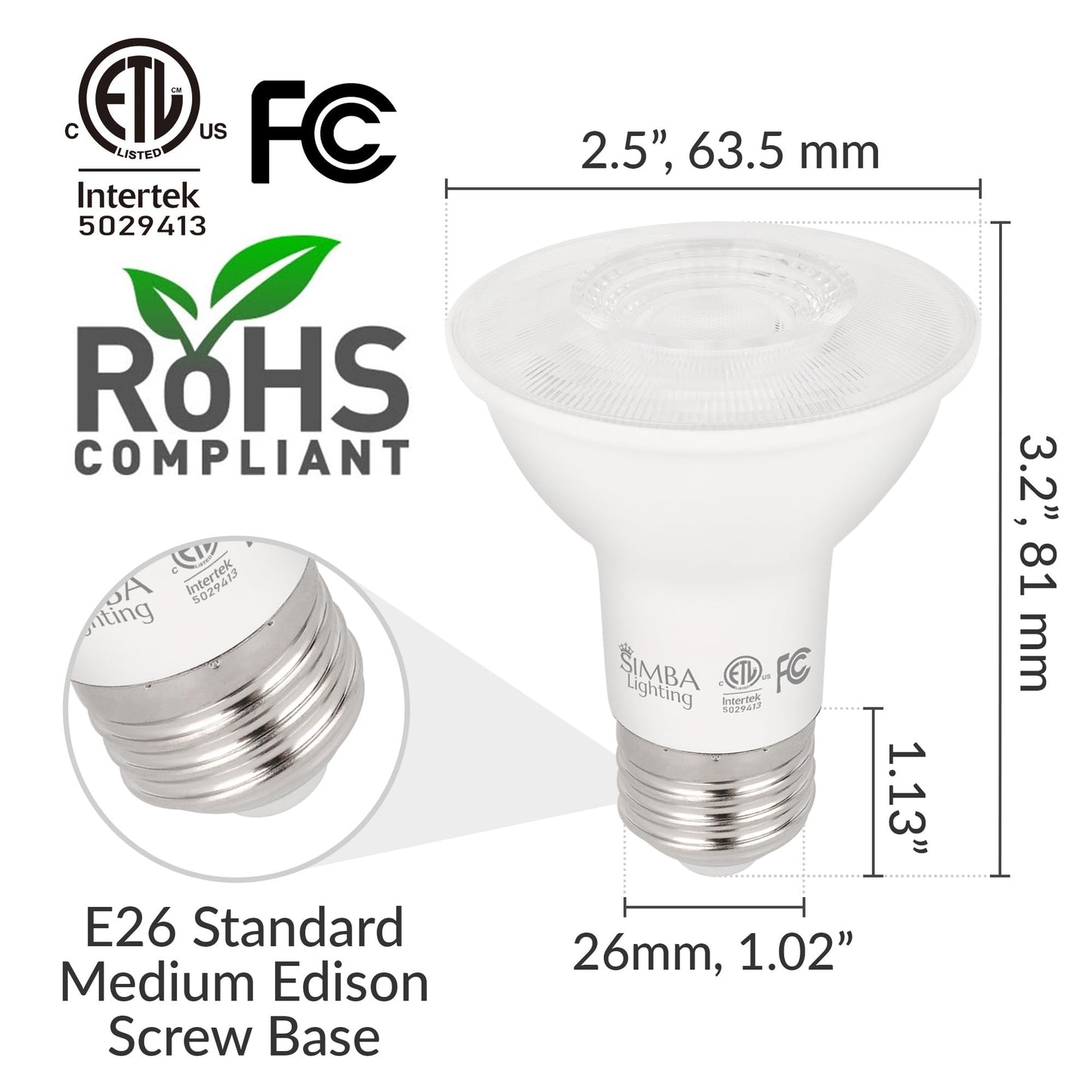 Simba Lighting LED PAR20 6W 120V ETL Listed Light Bulb E26, 3000K, 6 Pack