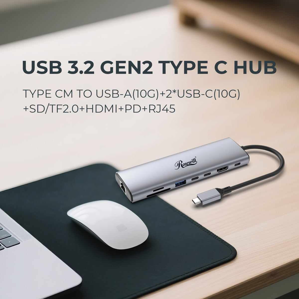 Rosewill 8-in-1 USB-C Hub with 4K HDMI 2.0, 10Gbps USB-A Ports for MacBook, Dell XPS, ThinkPad, HP Laptops - RHUB-M8