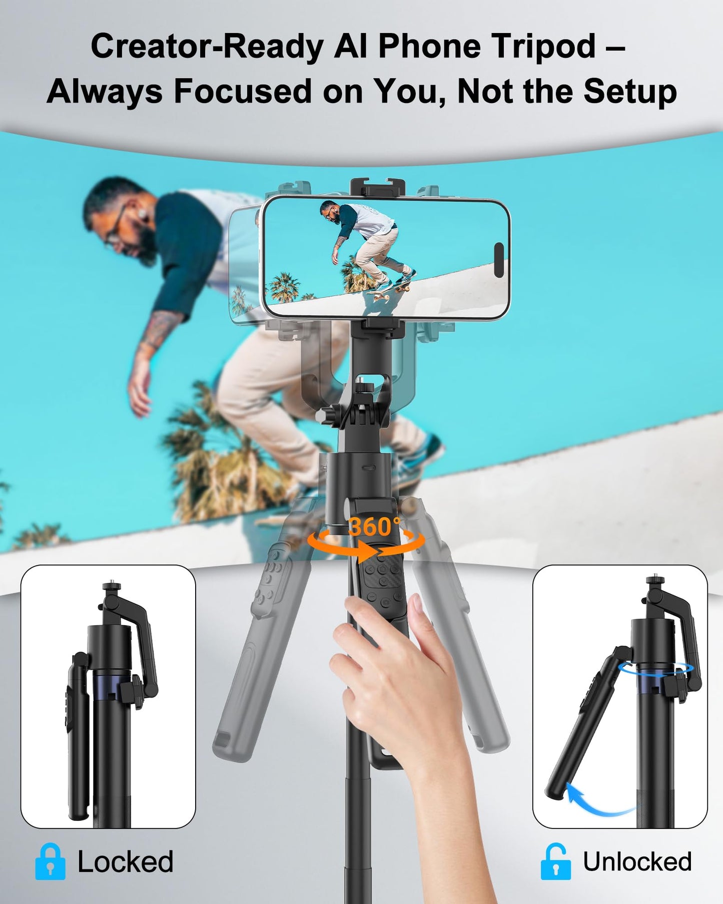 70" Auto Face Tracking Selfie Stick Tripod for iPhone/Android/Mini Camera, 360° Rotation Phone Tracking Tripod with Remote, 2Pcs Fill Lights, Phone