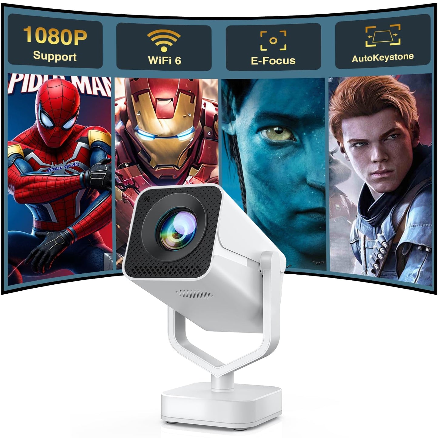 Mini Portable Projector with WiFi 6 and Bluetooth 5.2, 1080P 4K Support, 200 ANSI Lumens, Electric Focus &Auto Keystone 270° Rotatable Movie Wireless