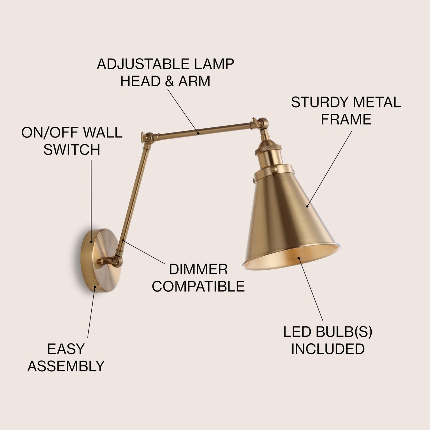 JONATHAN Y 7" Brass Gold Classic Industrial Metal Adjustable Arm LED Wall Sconce for Bedside Reading, Farmhouse Swing Arm Wall Lamp with Metal Shade