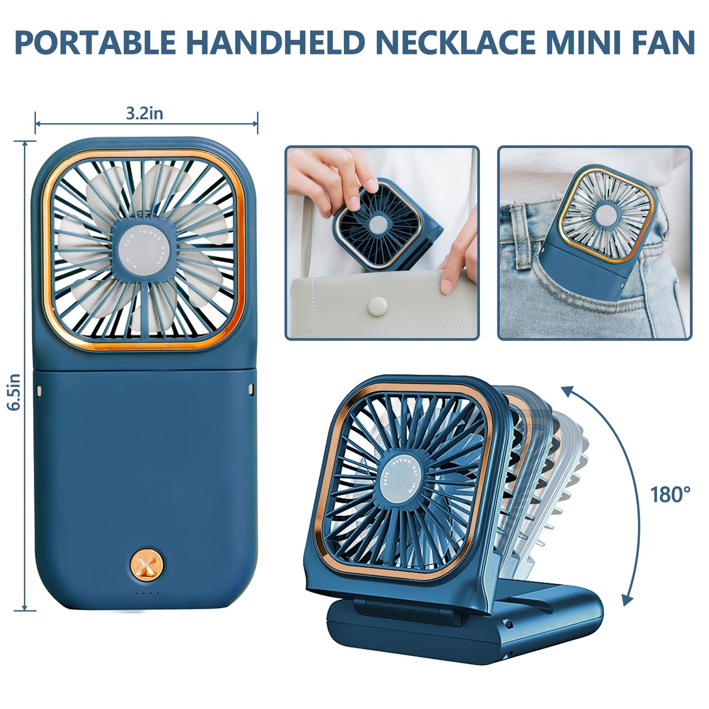Portable Handheld Fan with Phone Holder, 3000mAh Power Supply Rechargeable Neck Fan with USB Output, Foldable Small Fan 0-180° Adjustable, Ultra Quiet