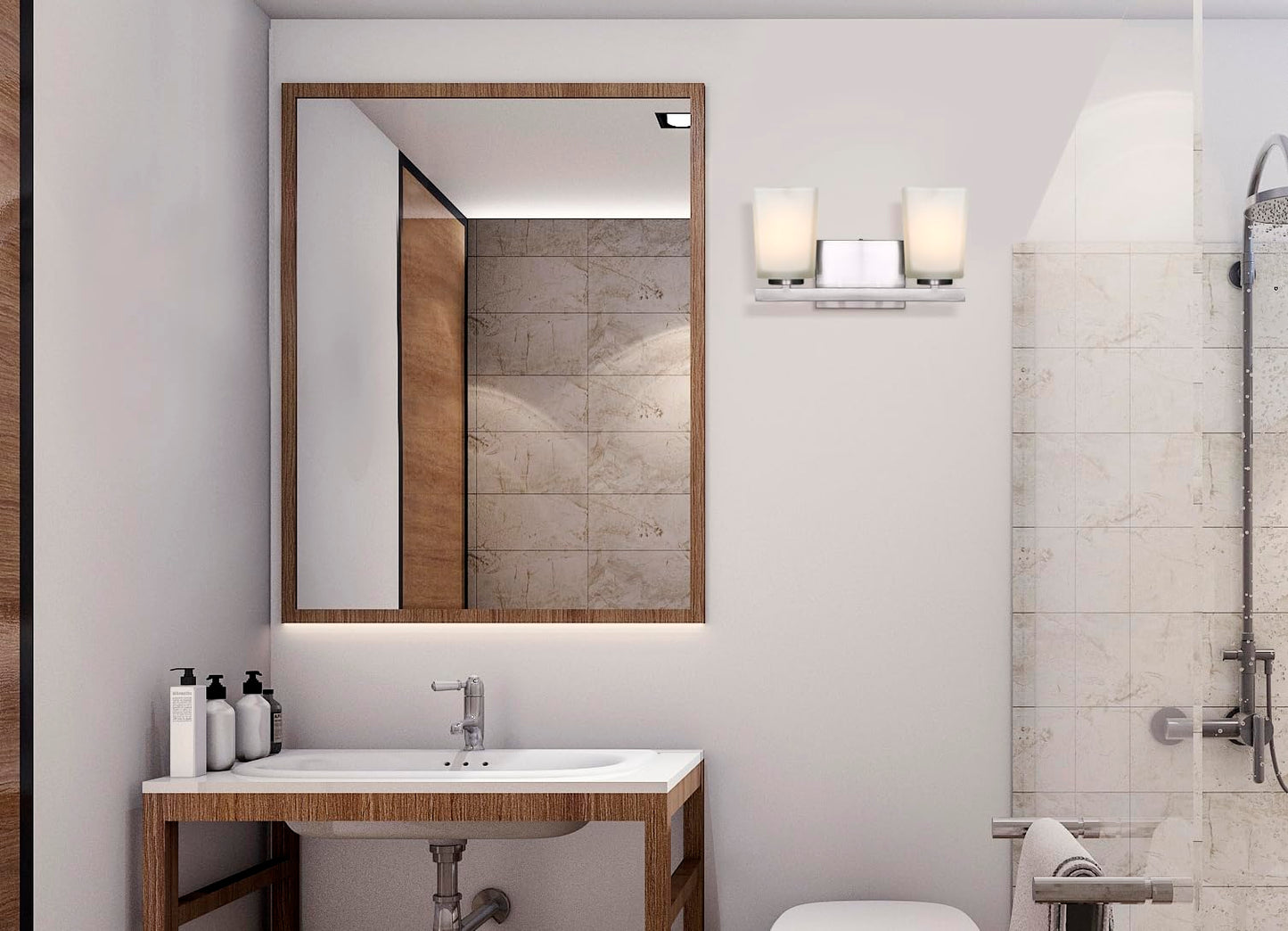 Canarm Hartley 2-Light Vanity Light in Brushed Nickel with Flat Opal Glass - Modern Bathroom or Powder Room Wall Fixture