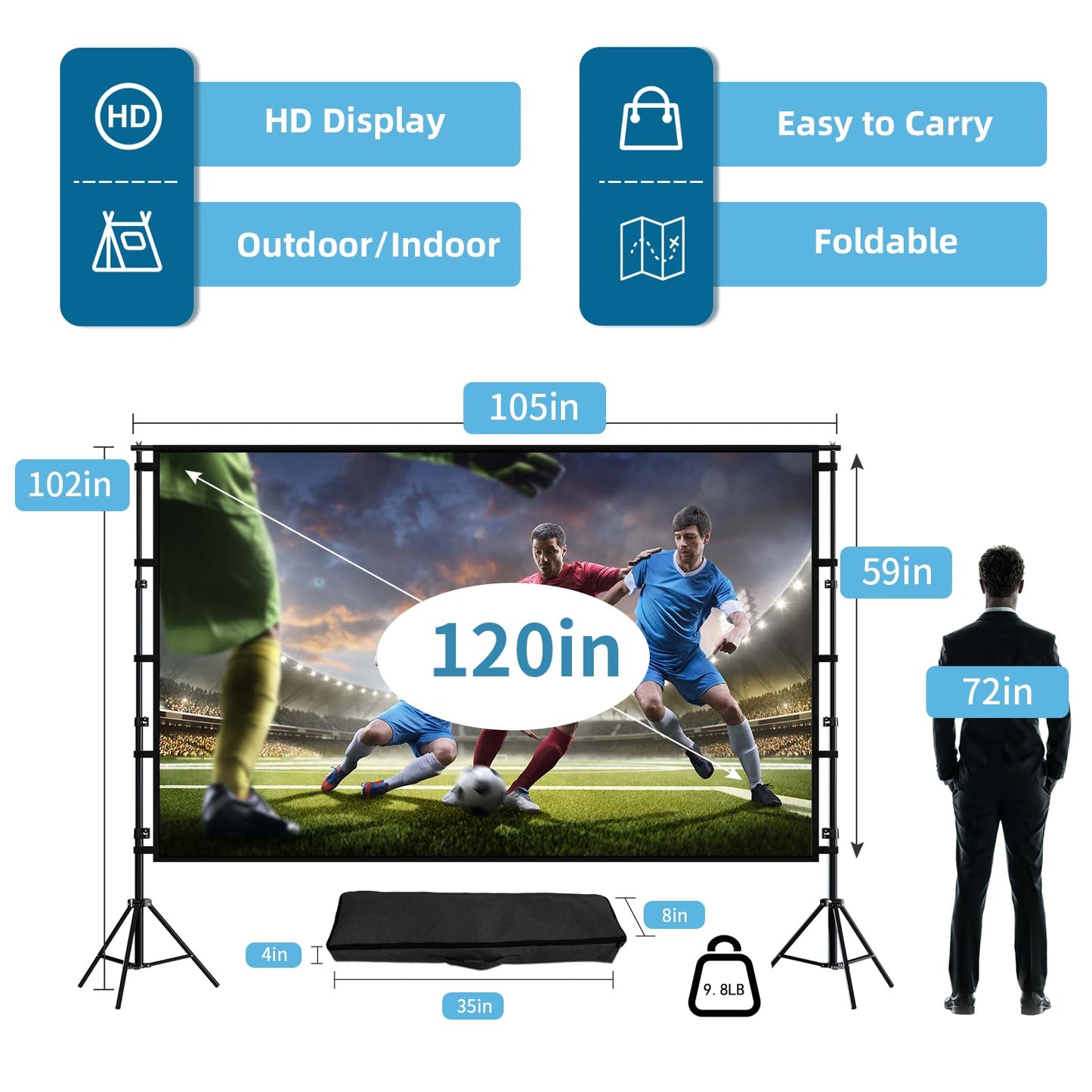 TOWOND Projector Screen and Stand, 120 inch Outdoor Projection Screen, Portable 16:9 4K HD Rear Front Movie Screen with Carry Bag Wrinkle-Free Design