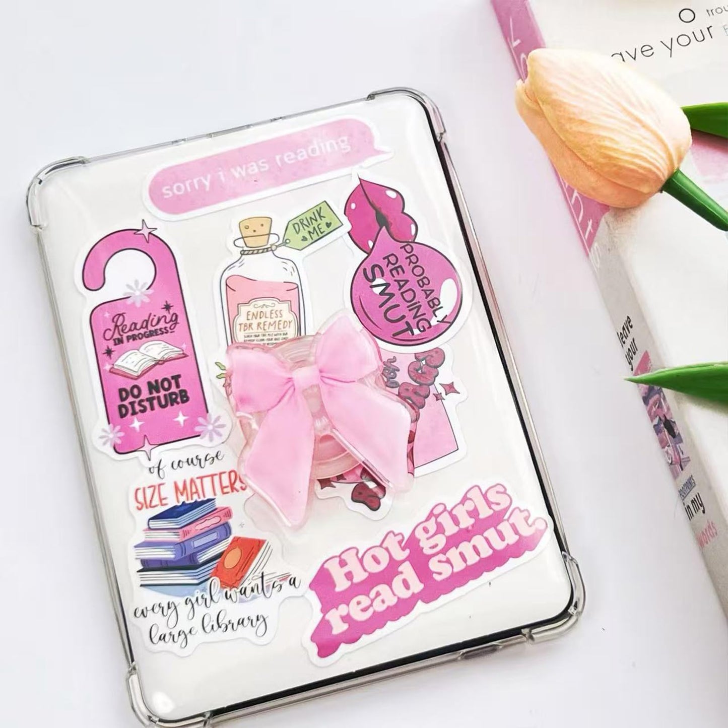 Cute Pink Bow Kindle Grip, for with Kindle E-Readers, iPhones and Smartphones,Rotating Folding Elastic Base, A Gift for Book Lover