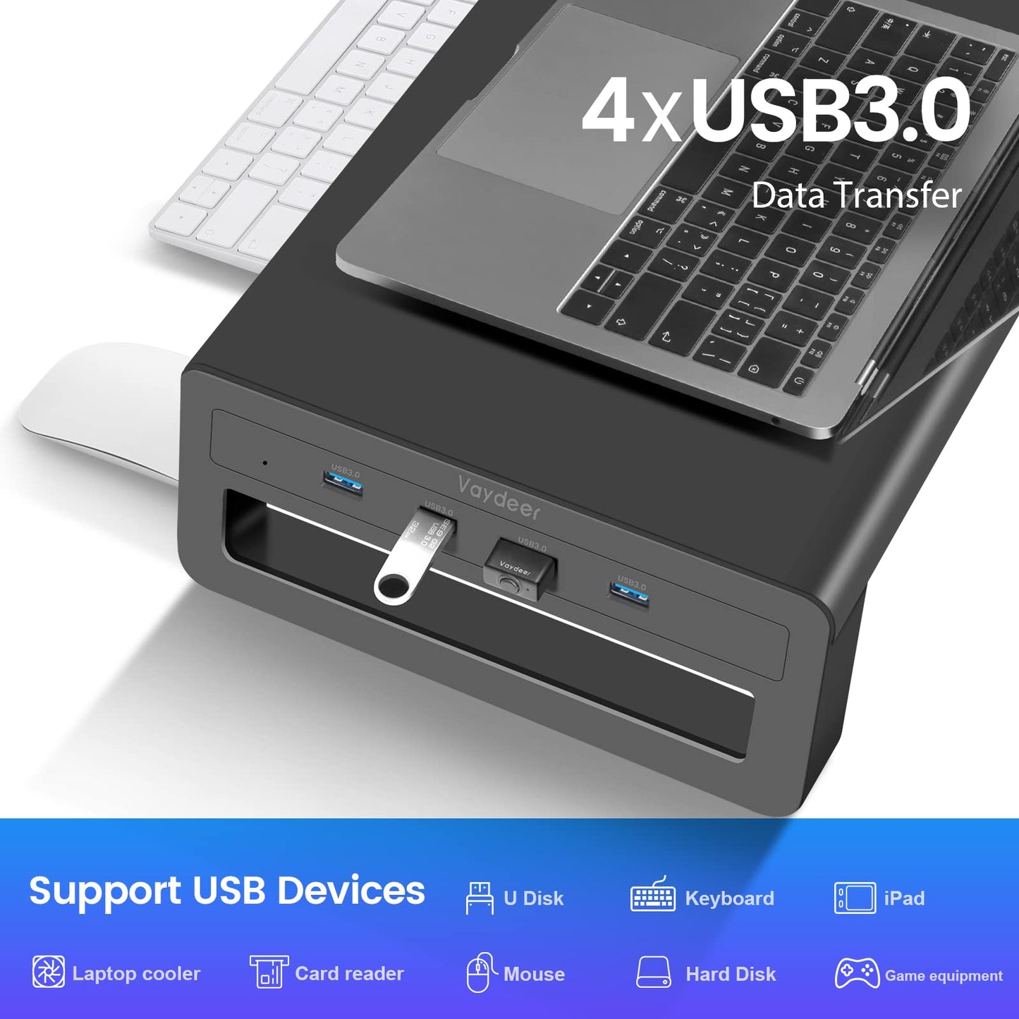 Vaydeer Dual Monitor Stand Computer Riser with USB 3.0 Hub Ports, Double Metal Stand for 2 Computer, TV, PC, Printer, Multi Media Speaker