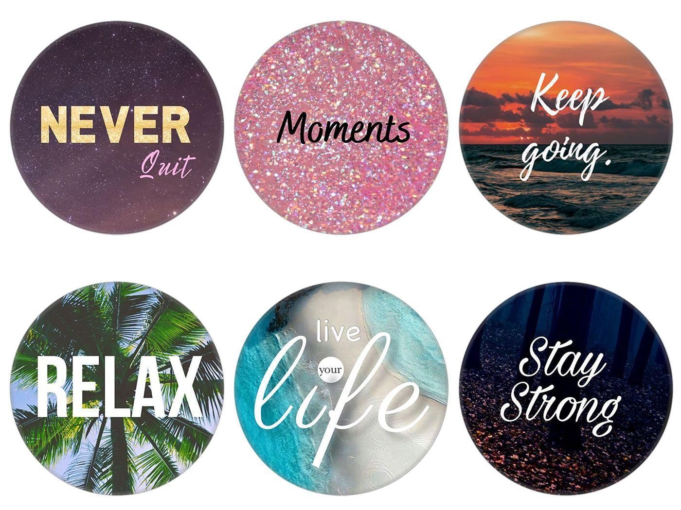 6 Pack - Collapsible Cell Phone Grip for Smartphones,Mobile Expanding Cellphone Holder Kicktand for Phone and Case - Relax Keep Going Quote