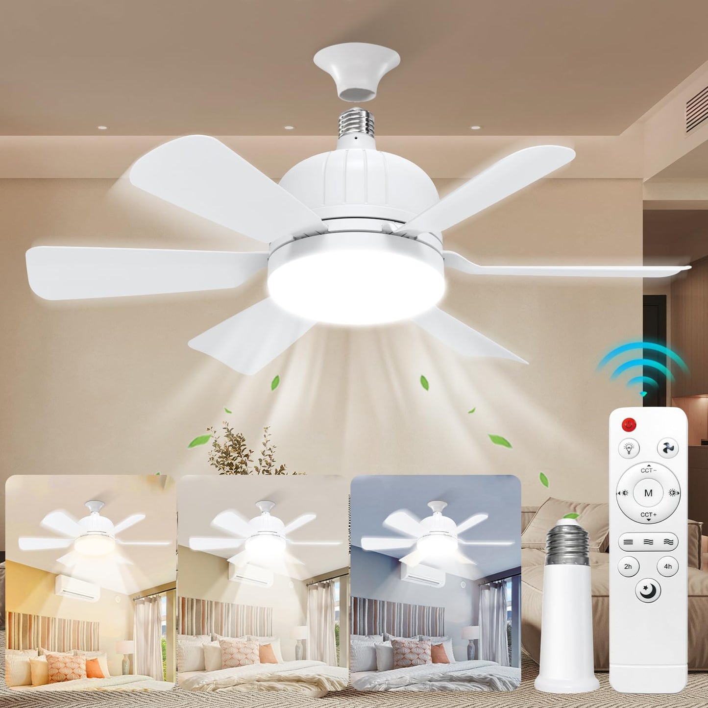 Socket Fan Light with Remote Control - socket ceiling fan 18-in ceiling fans with lights and remote Ideal for Bedroom Kitchen Dining Room and Living