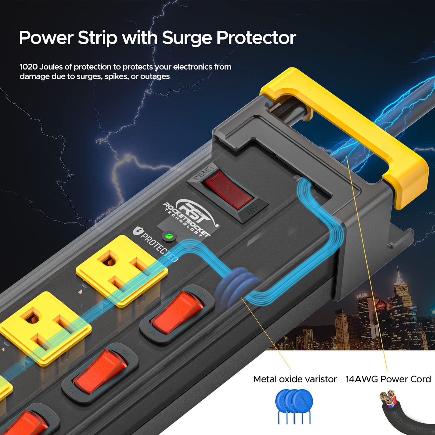 CRST 12 Outlet Heavy Duty Metal Power Strip with Individual Switches, 9FT Surge Protector Power Strip with Cord Managment, 15A/1875W 1020J Wide Spaced