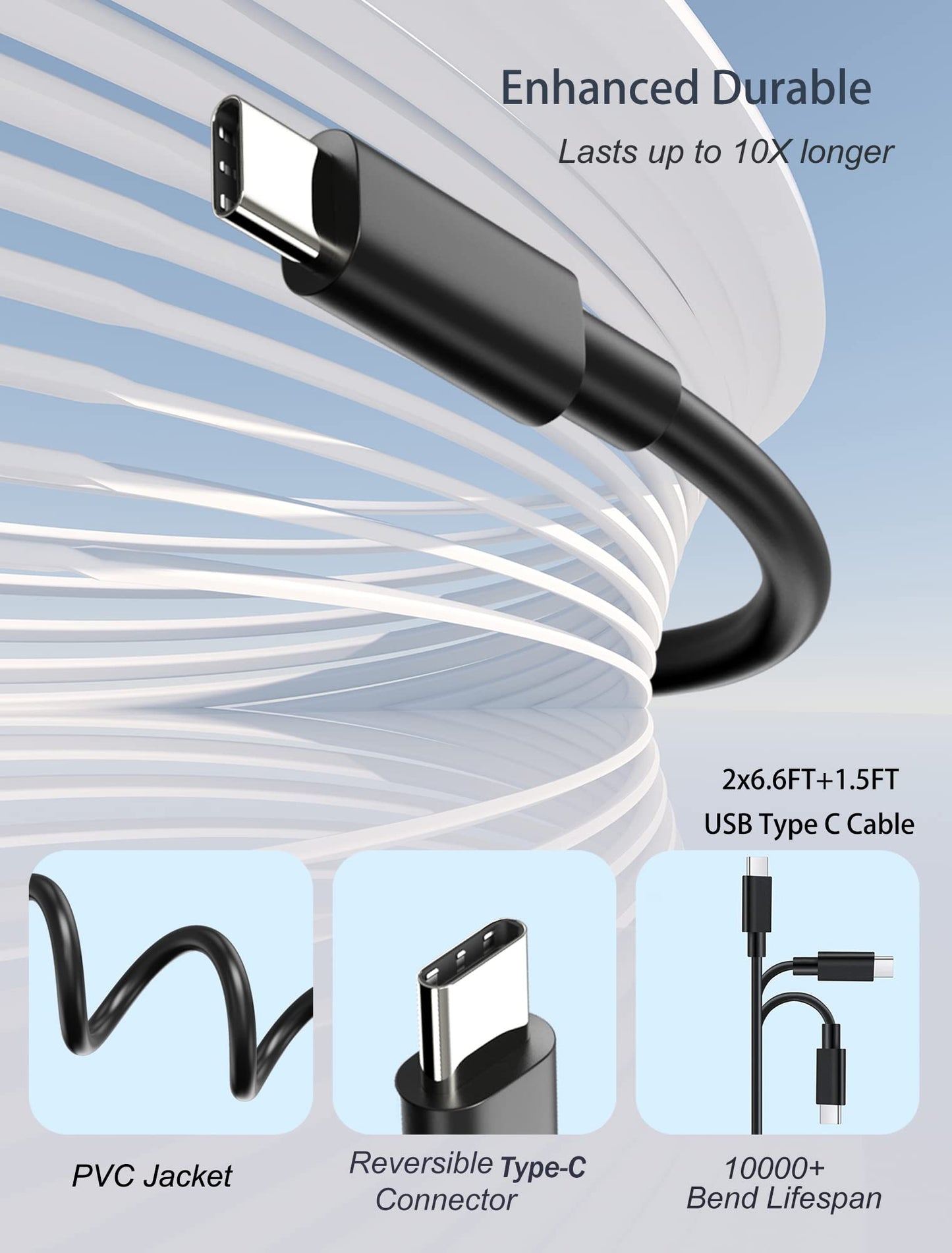 Type C Charger Fast Charging, 2 Pack Adaptive Fast Charger USB C Android Phone Wall Charger Block with 6FT+6FT+1.5FT Charge Cable for Samsung Galaxy