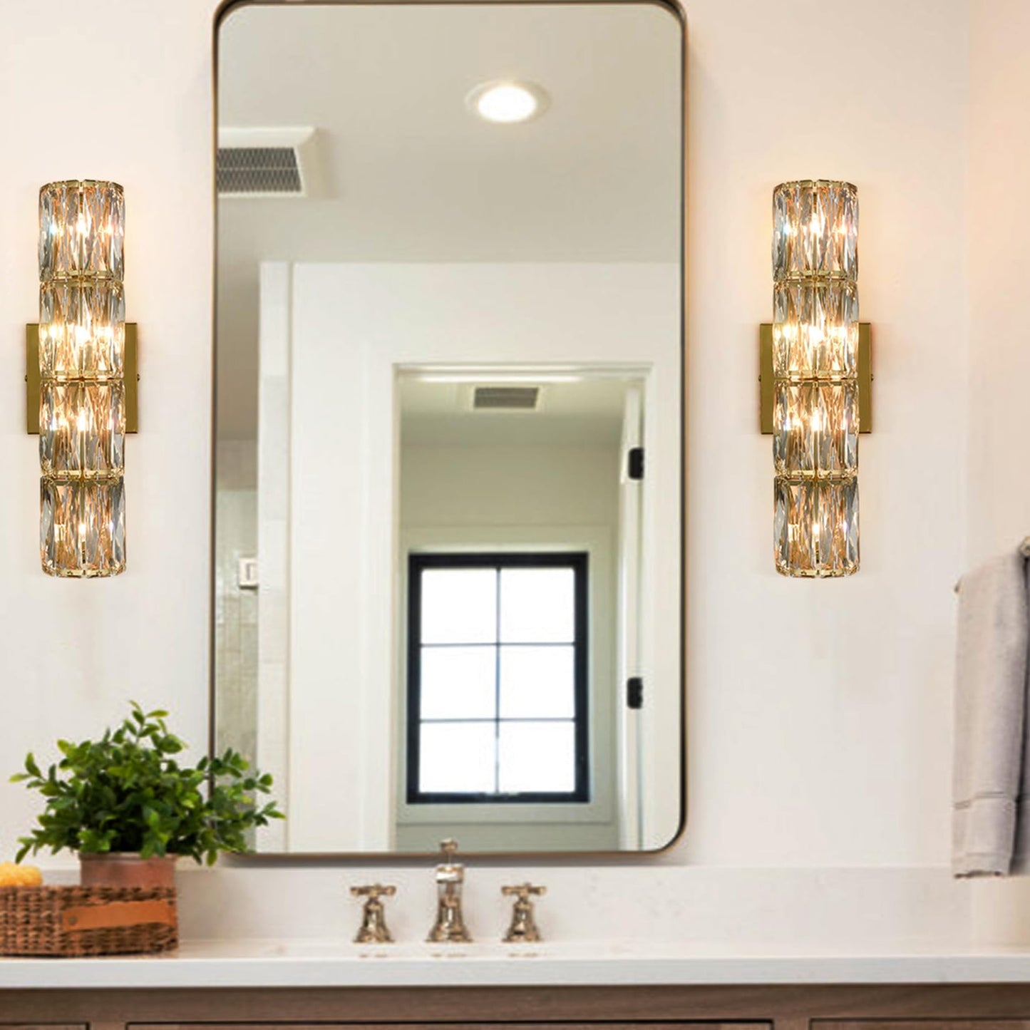 SAMTEEN Gold Wall Sconce Modern Crystal Sconces Wall Lighting 4-Light Bathroom Wall Mount Light Crystal Vanity Light Fixture for Bedroom Hallway