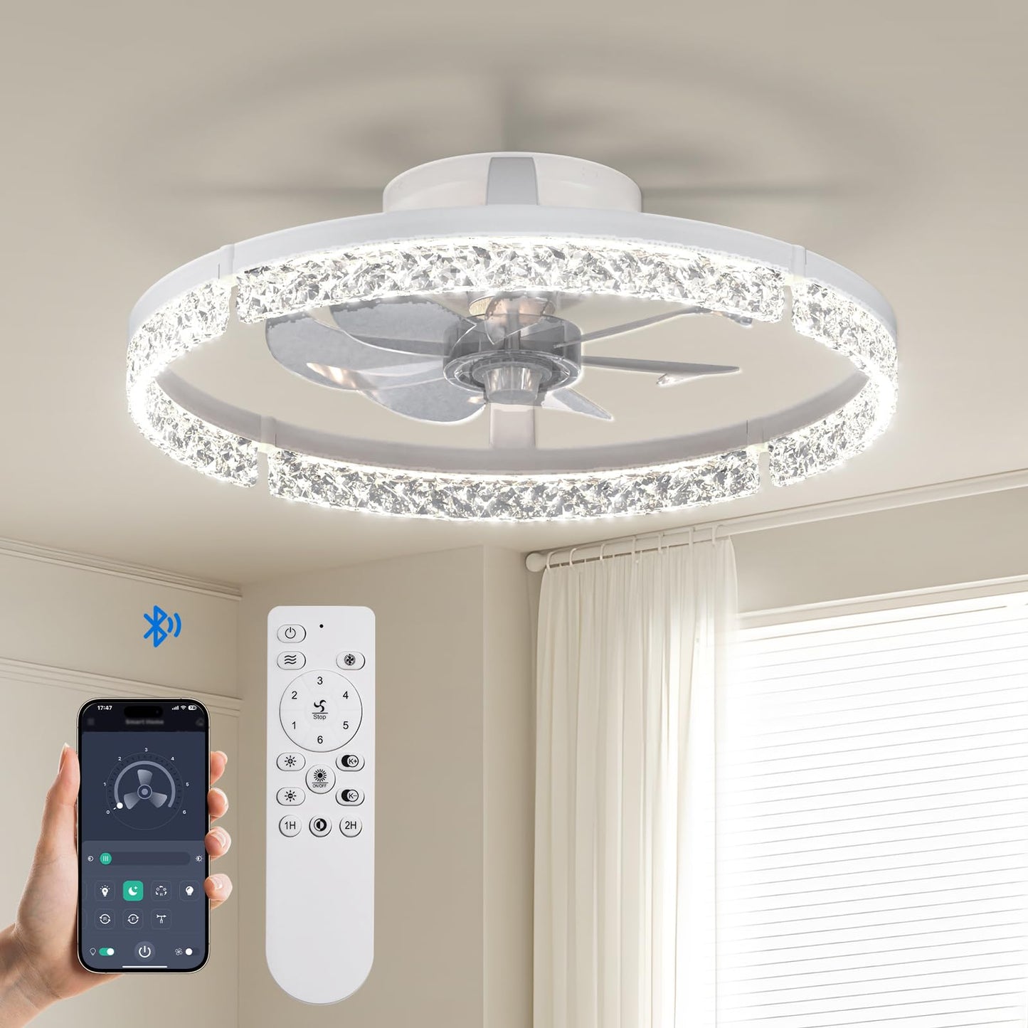 Passky 20” Low Profile Ceiling Fan with Lights and Remote, Dimmable LED Flush Mount Fandelier, 6 Speeds, 3000K-6000K, White Modern Ceiling Fan