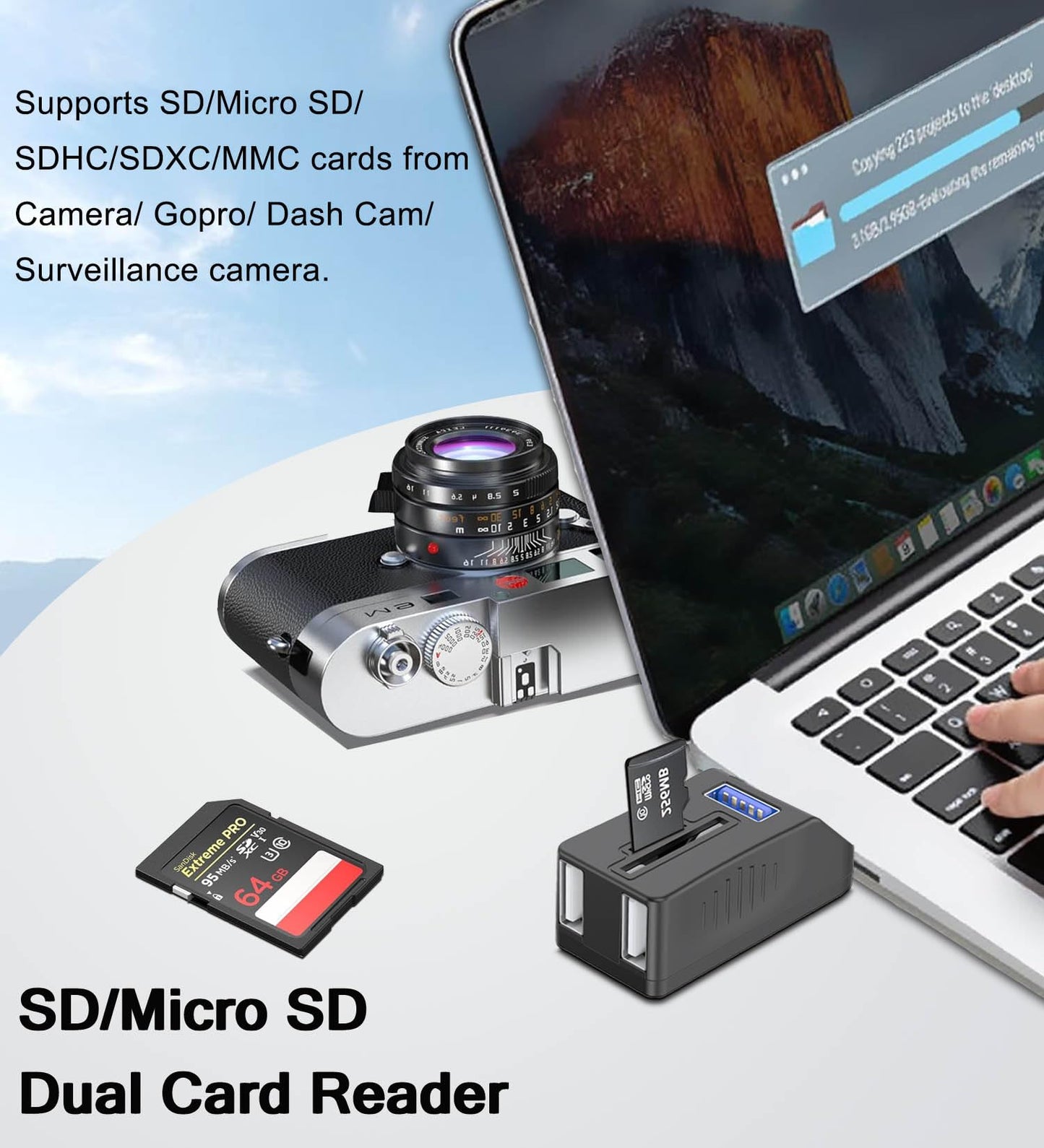 VIENON 5-Port USB 3.0 Hub with SD TF Card Reader, USB Extender Adapter with Memory SD/Micro SD Card Reader, USB 3.0/2.0 Ports, Portable USB Splitter