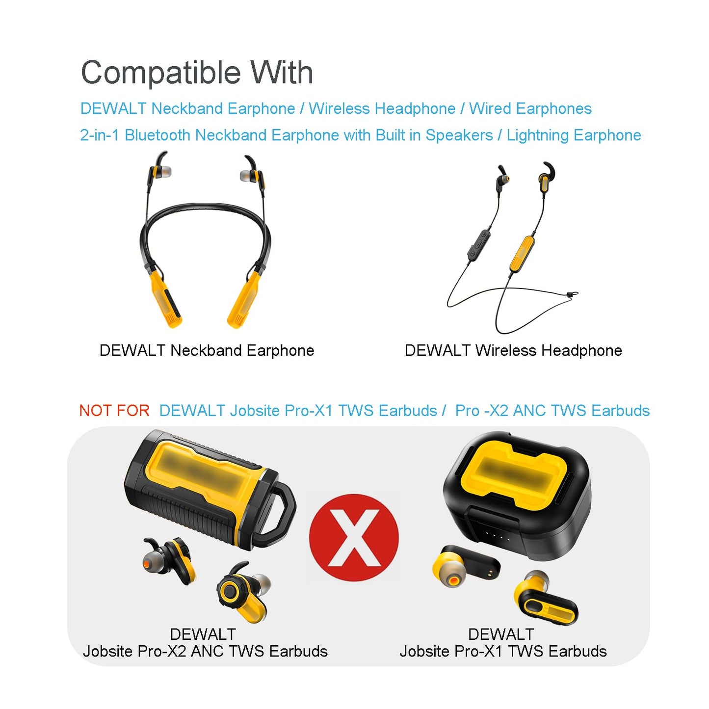 Klowcok Memory Foam Replacement Ear Tips for DEWALT Earbuds, Comfort fit Neckband Headphones. 3Pairs, Black (Assorted-S/M/L)