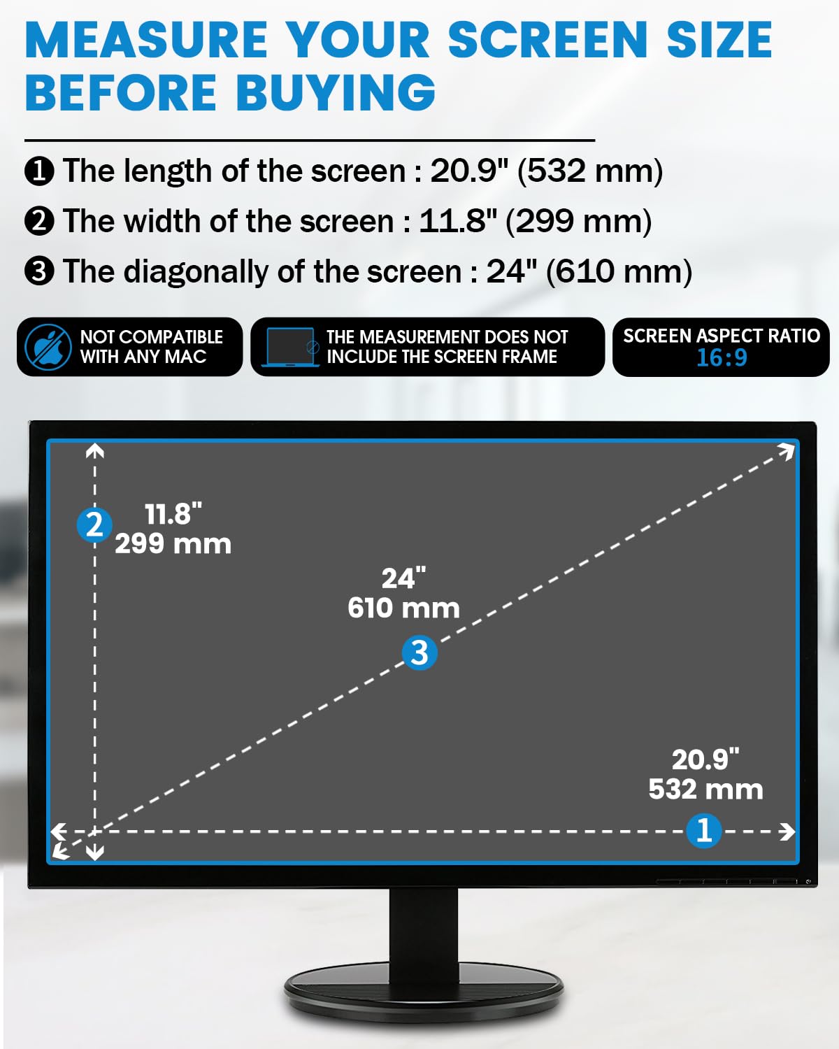 F FORITO 2-Pack 24 inch 16:9 Matte Anti Glare Computer Screen Cover, Anti Glare Eye Protection Film Compatible with All 24" Widescreen Monitors