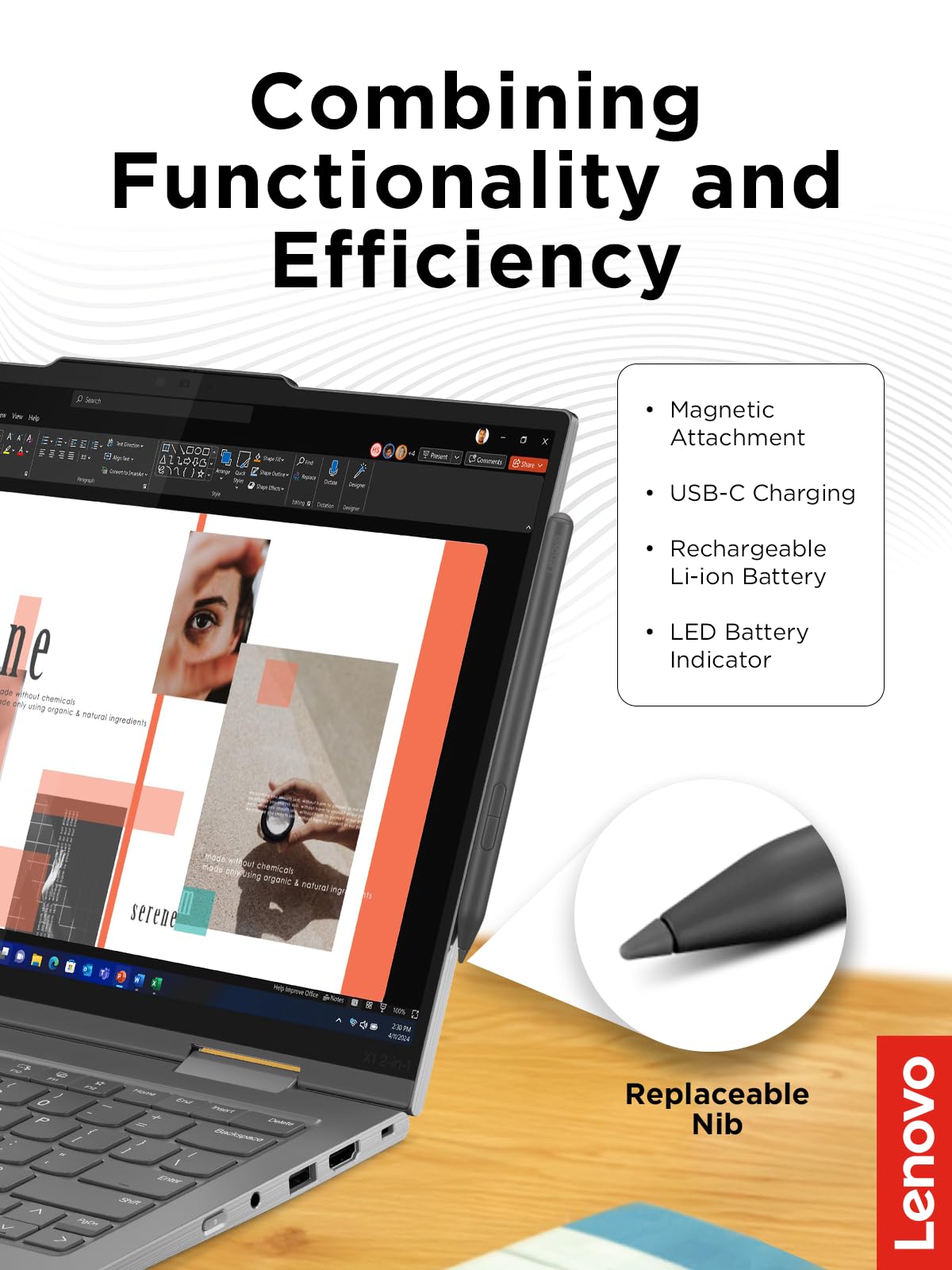 Lenovo Yoga Pen, Rechargeable Stylus for Lenovo Yoga, ThinkPad, ThinkBook, and Chrome, USB-C Charging, Magnetic Attachment, Replaceable Nib