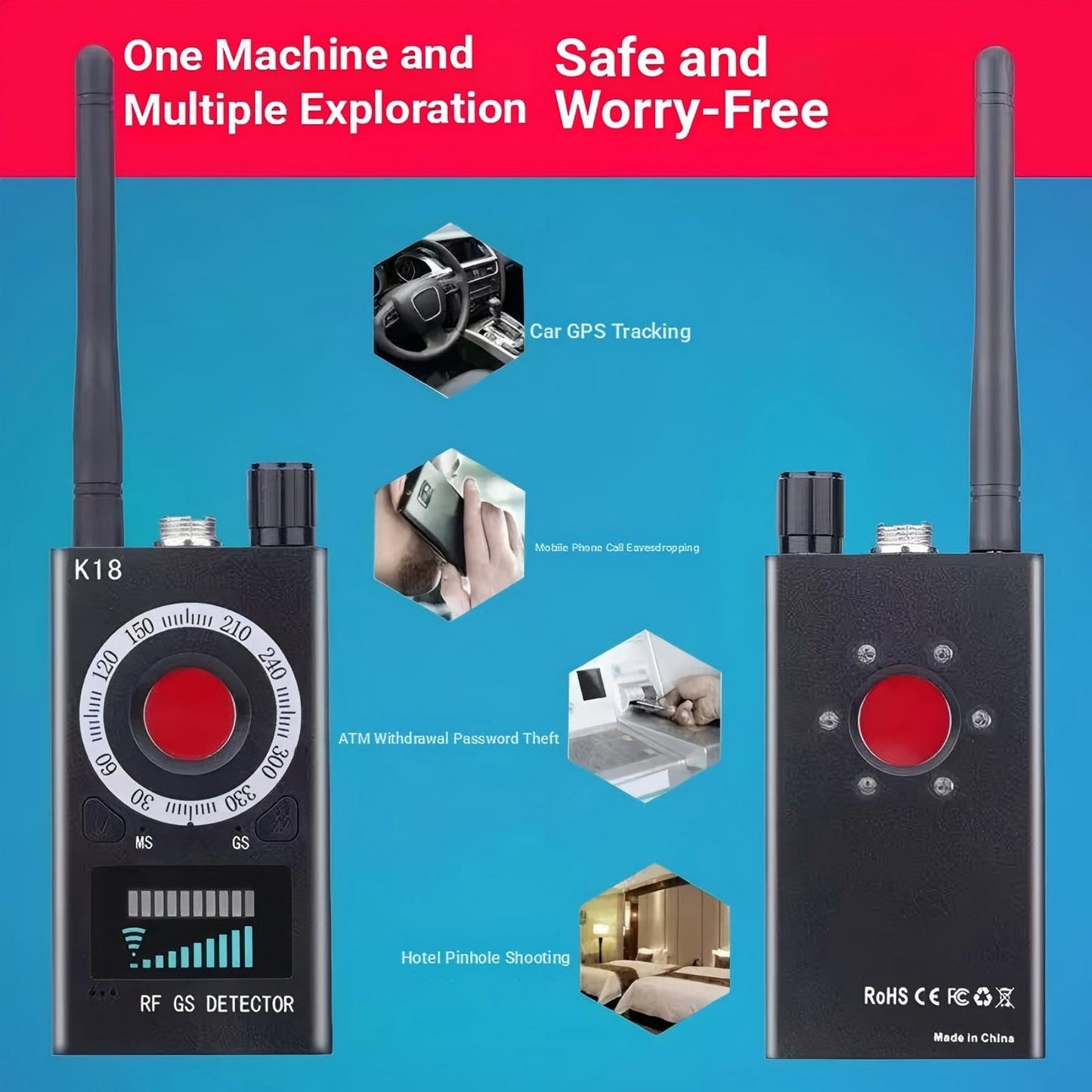 Hidden Camera Detector, GPS Tracker, and Infrared Camera Three in one Anti spy Detector for Easy Portability. Suitable for Hidden Device detectors