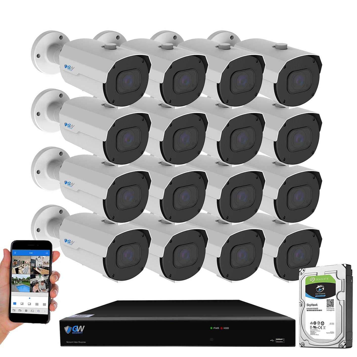 GW 4K (3840x2160 @30fps Real-time) 5X Optical Motorized Zoom Outdoor 8MP Bullet PoE IP 16 Channel Security Camera System, AI Facial