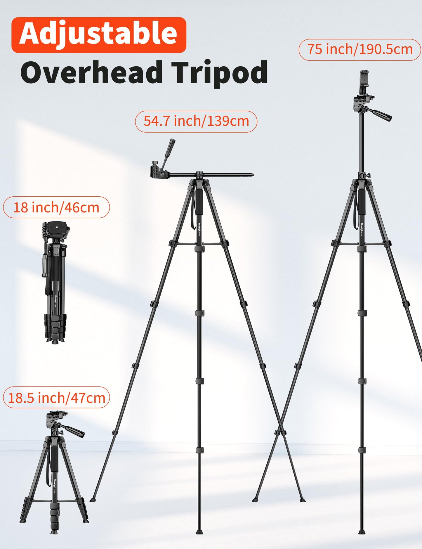 Nineigh 75" Phone Tripod Stand, Overhead Tripod for iPhone with Remote, Portable Horizontal Mount for Video, Live Streaming & Vlogging, Compatible