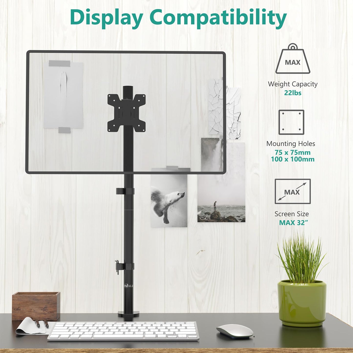 WALI Monitor Arm Mount for Desk, Single Extra Tall Computer Desk Mount, Monitor Bracket Mount Stand Single, up to 32 inch, 22 lbs (M001XL), Black