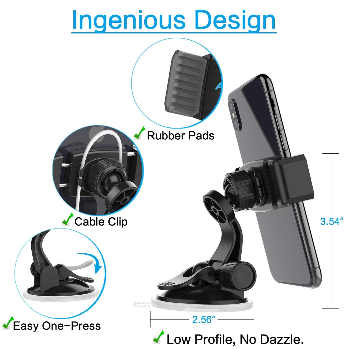 APPS2Car Suction Cup Phone Holder for Car with Adjustable Arm, Low Profile Dashboard Phone Mount Compact Windshield Window Dash Mobile Stand