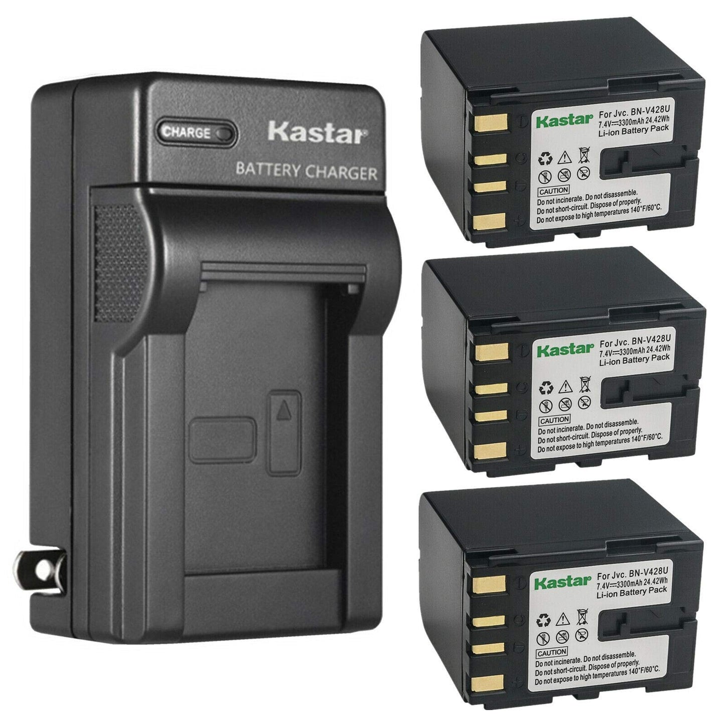 Kastar 3-Pack BN-V428 Battery and AC Wall Charger Replacement for JVC BN-V408US BN-V416US BN-V428 BN-V428U BN-V428US BN-V438US BN-V856US Battery, JVC