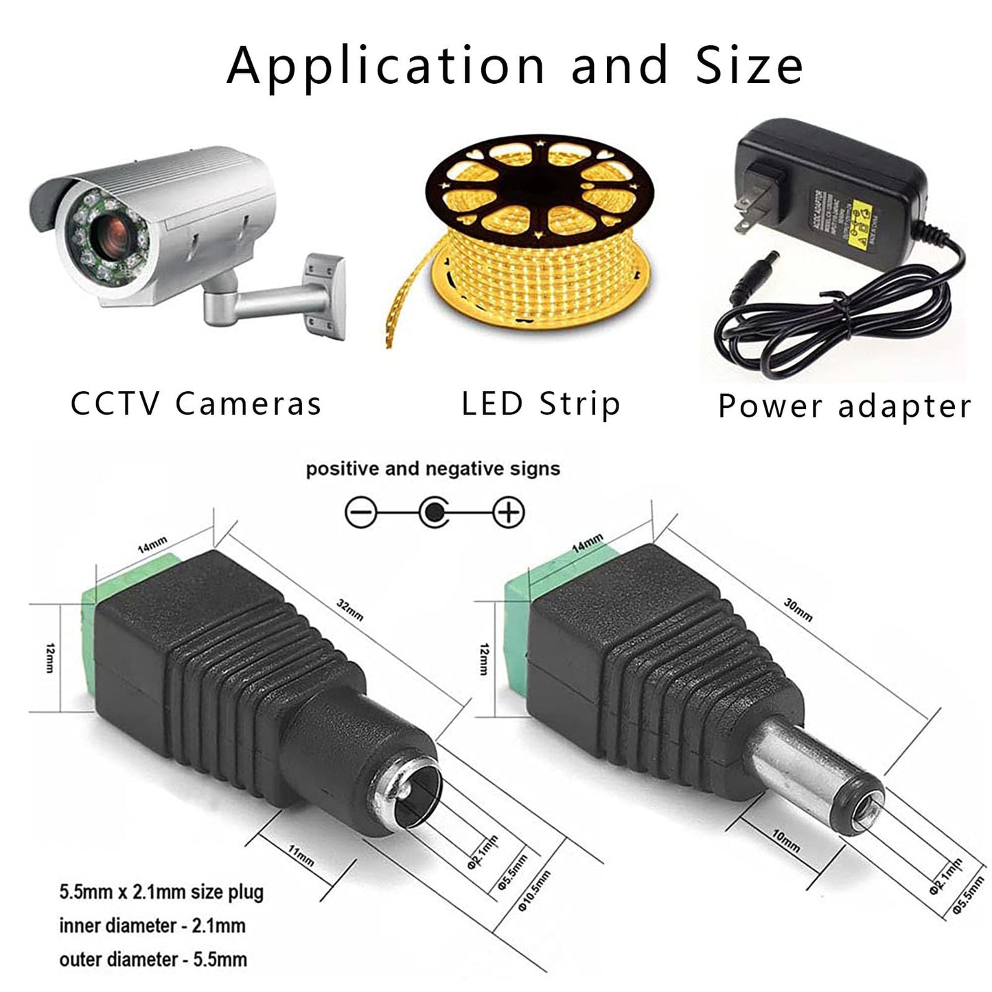 WTGID 5 Pairs of 12V Male and Female 2.1x5.5mm, DC Power Socket Adapter, Cylindrical Connector, Including 10 DC Power Cords, Suitable for CCTV