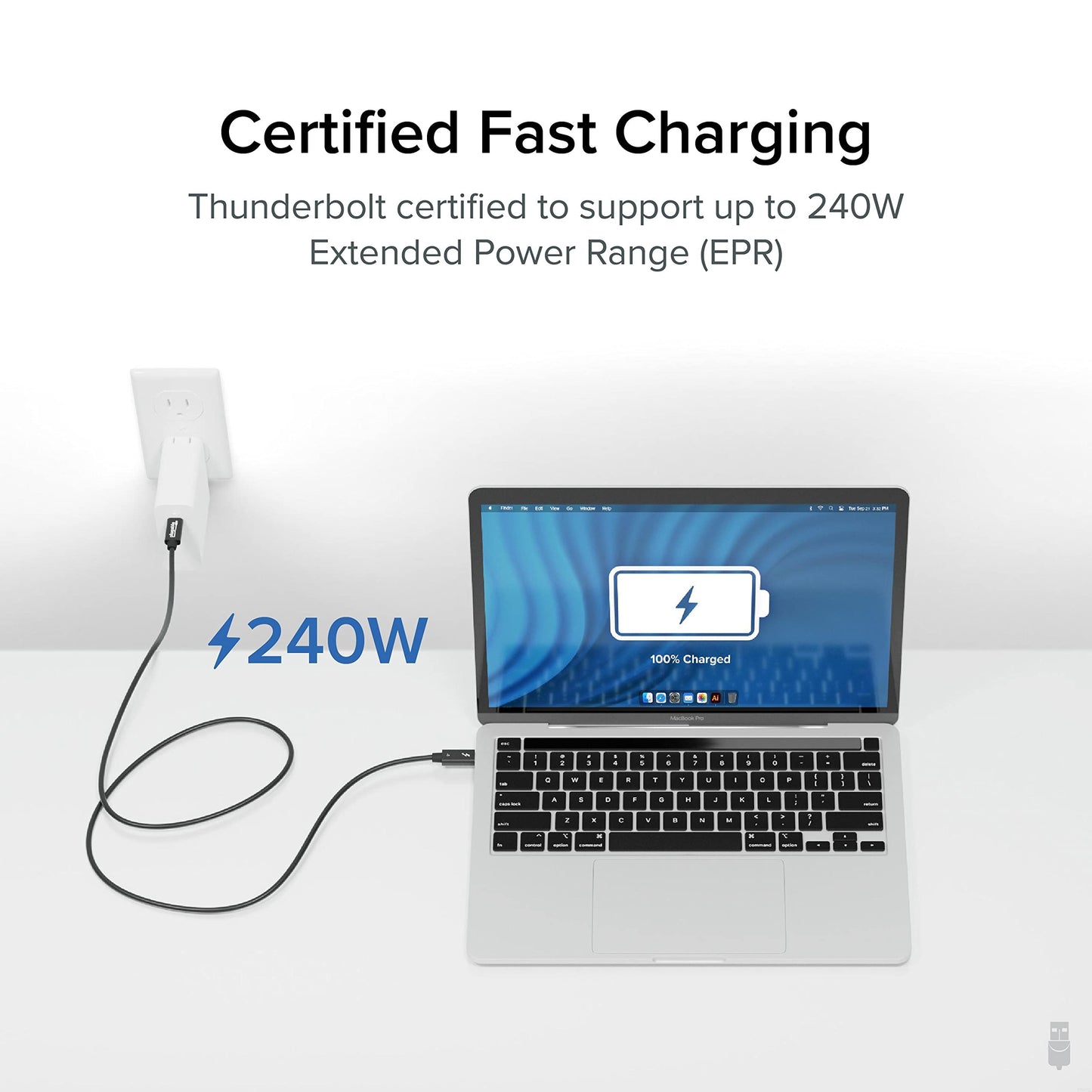Plugable Thunderbolt 4 Cable 240W EPR Charging, 1M (3.3ft), Thunderbolt Certified, 40Gbps Data, Dual 4K or 1x 8K Display, Compatible with USB4