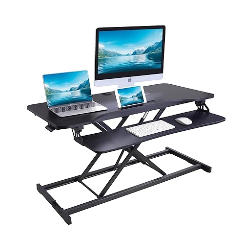 Rocelco 43" Height Adjustable Standing Desk Converter - Tall Sit Stand Up Tabletop Riser with Tablet Slot - Home Office Computer Workstation - Deep