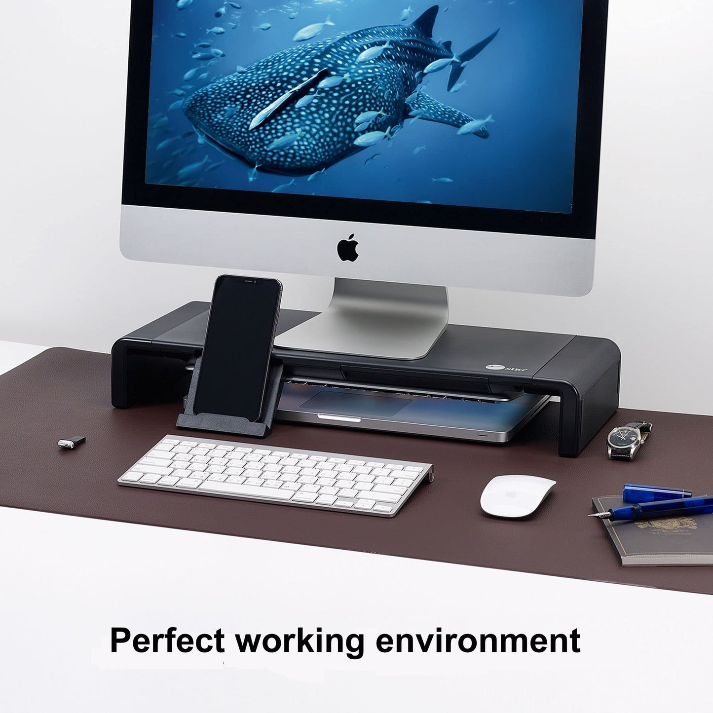 SIIG 20.5" Monitor and Laptop Stand Riser for Desk with Phone Stand and Storage, Width Adjustable 16.5" to 20.5", Max Weight 55lbs, 7.87" Depth