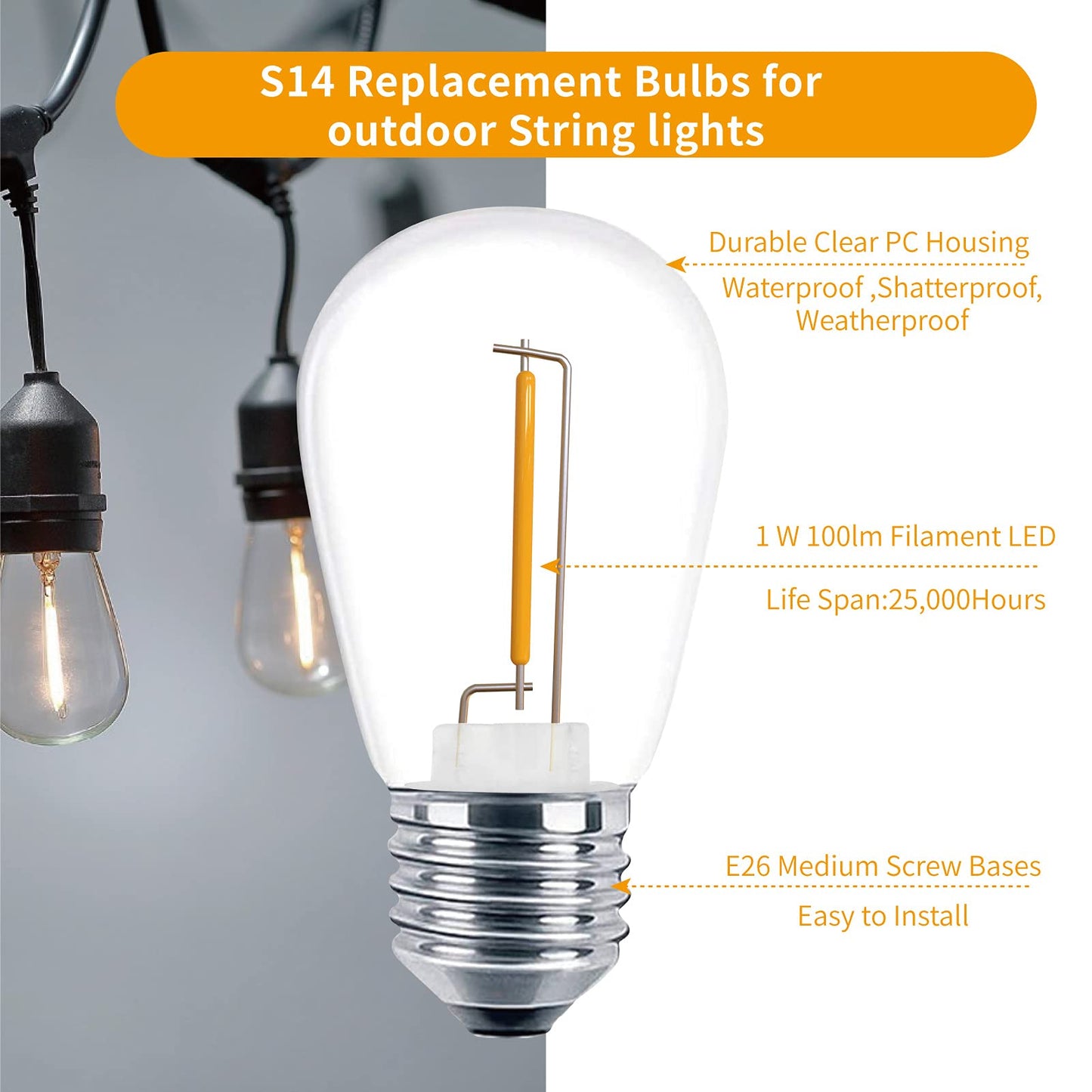 Meconard 24 Pack LED S14 Replacement Light Bulbs, Shatterproof Outdoor 1 Watt to Replace 11Watts String Incandescent Bulb, E26 Regular Medium Screw
