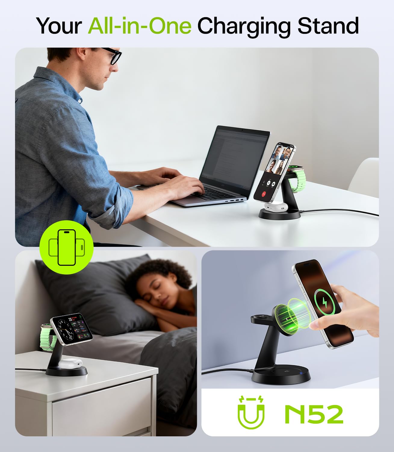 3 in 1 Charging Station for Apple Devices, 15W Fast Wireless Charger Compatible with MagSafe Charging Stand for iPhone 17 16 15 14 13 12 Series, Watch