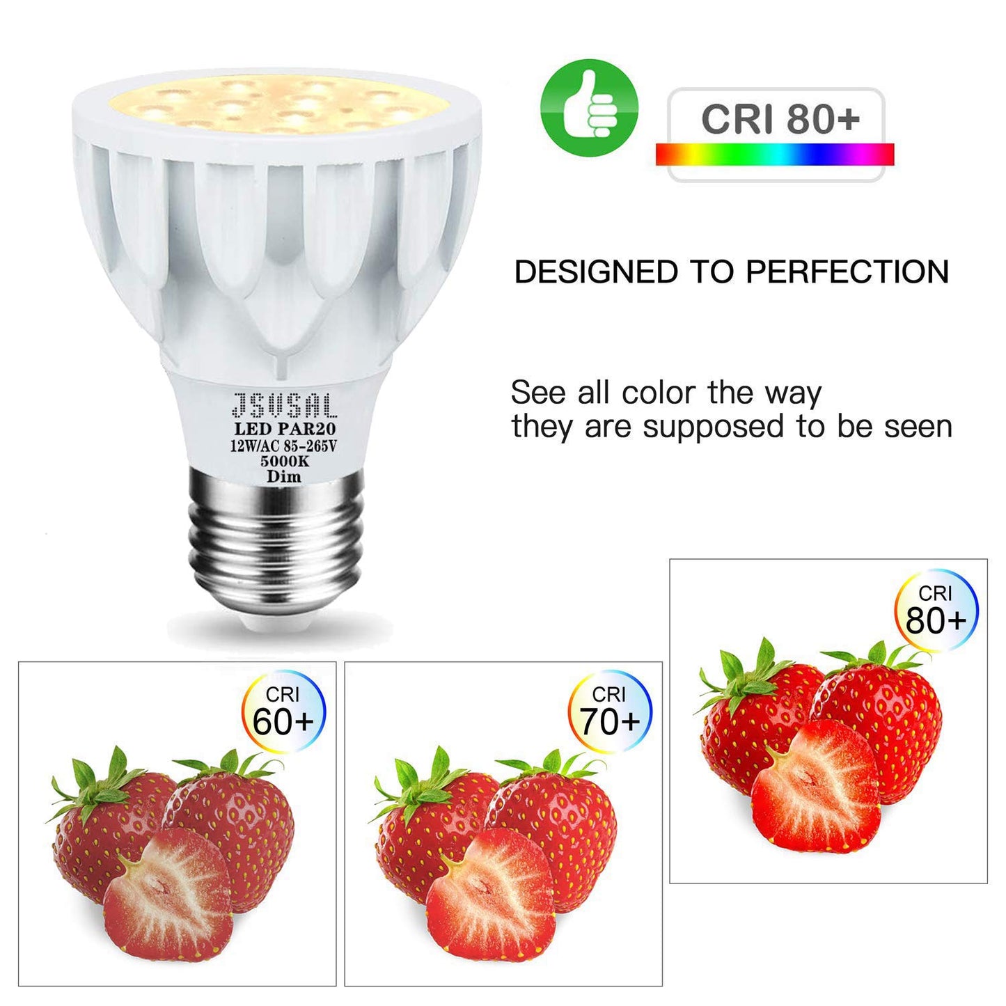 JSVSAL PAR20 LED Bulb,Daylight White 5000K,12W AC 85-265V,Dimmable,2-Pack