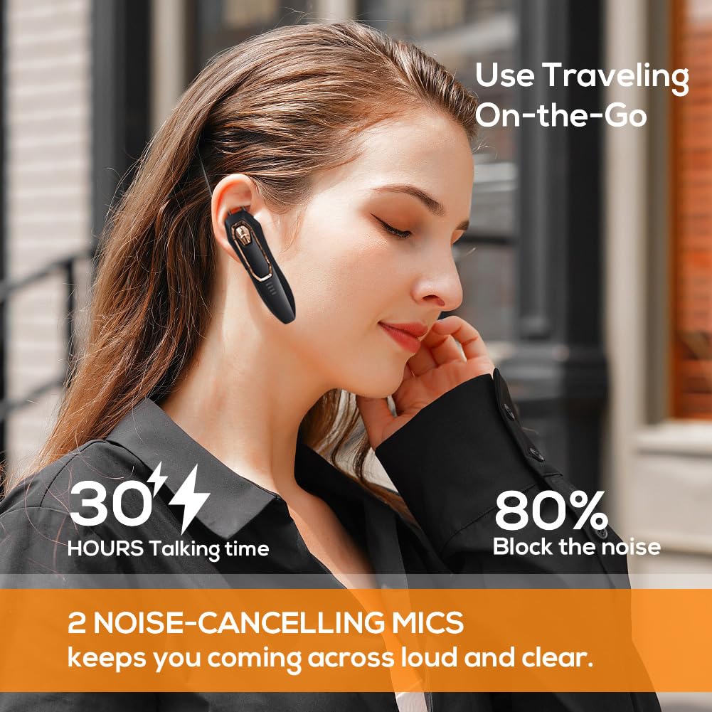 Single Ear Headsets Wireless Bluetooth, 30H Talking Time, Noise Canceling Mic Hands-Free Calls, Hands Free Wireless Bluetooth Earpiece, Call Reminder
