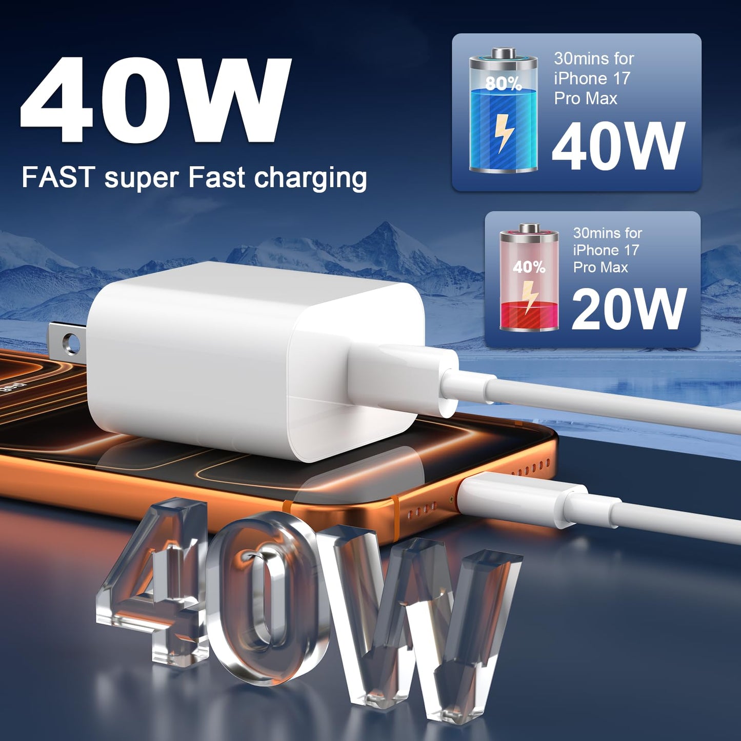 iPhone 17 16 15 Charger 40W Super Fast Charging USB C Charger Block iPhone 17 16 15 Air Pro Max Charger with 6FT &10FT Type C Charger Cable for Apple