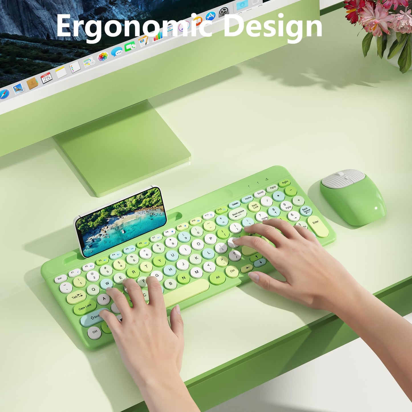 Retro Wireless Keyboard and Mouse Combo, Full-Size USB Keyboard with Round Keycaps, 2.4GHz Wireless for Desktop, Laptop and Computer (Green-Colorful)