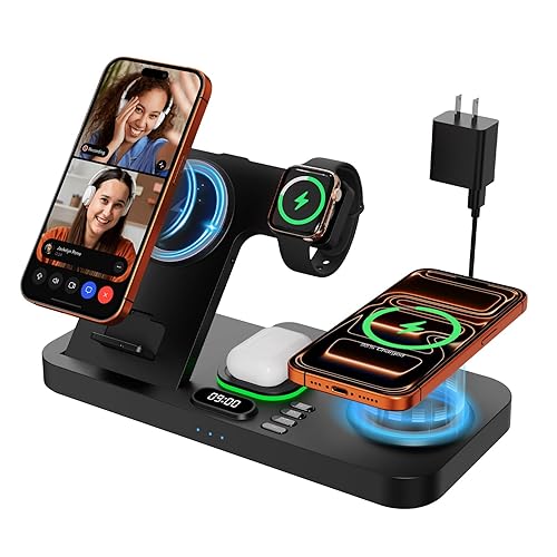 Dual Phone Magnetic Wireless Charging Station for Apple Devices/Apple Ecosystem, 7-Color Auto Light & 12H Clock, Multi-Device Charger for iPhone