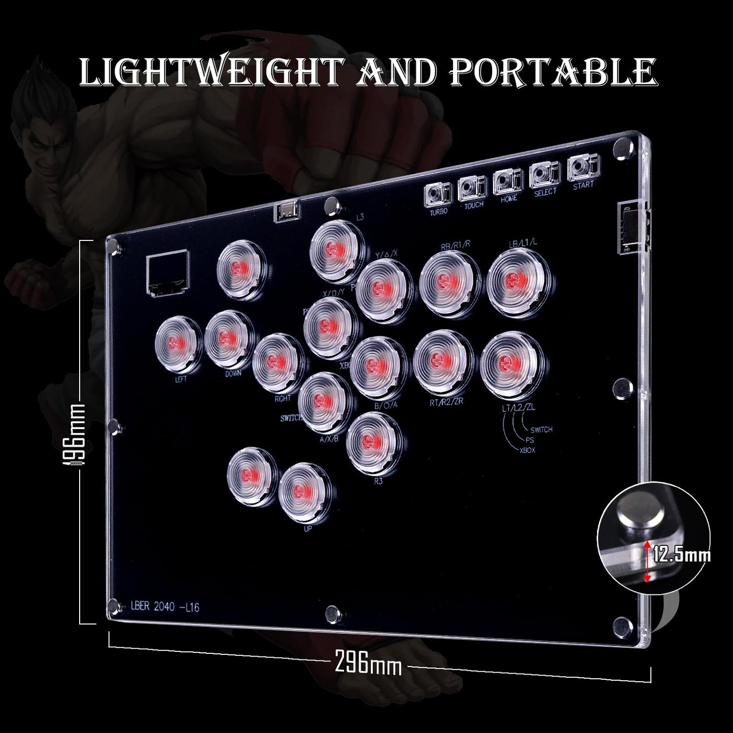 Arcade Stick All-Button Controller L16, Leverless Controller Street Fight with Turbo & SOCD, Arcade Stick Street Fight for PC/PS3/PS4/Steam/Switch