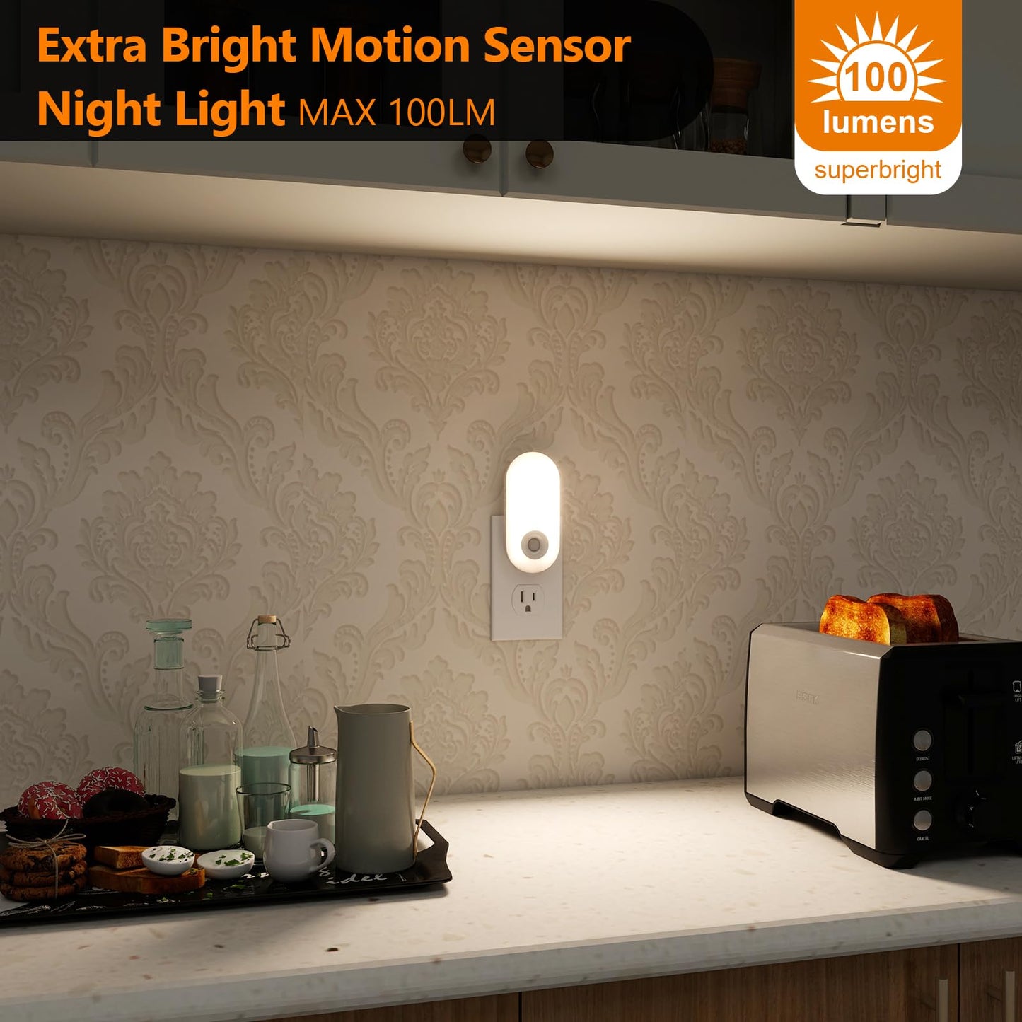 Dawnrise Night Lights Plug into wall, Motion Sensor Night Light Plug in Indoor, 38 LED Dimmable 100LM or 10LM and 2 Color Temperature Lights
