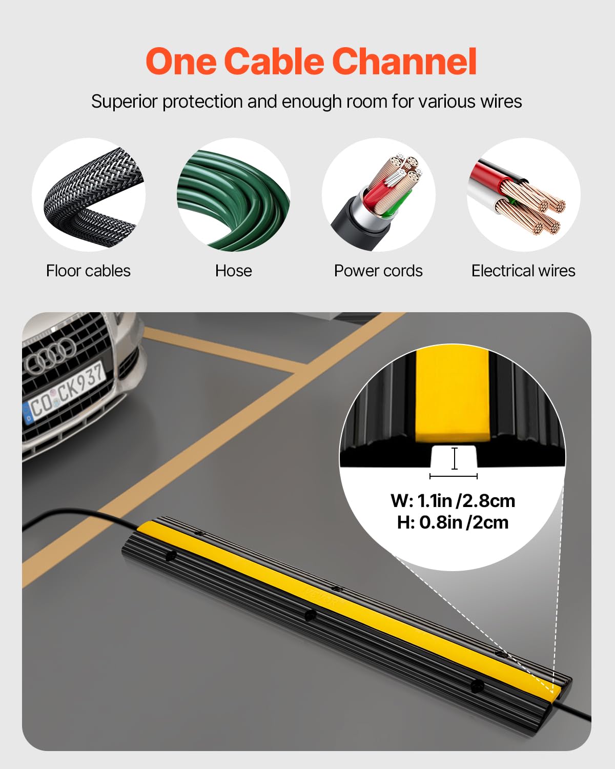 VEVOR 4 Pack of 1-Channel Rubber Cable Protector Ramps Heavy Duty 18000Lbs Load Capacity Cable Wire Cord Cover Ramp Speed Bump Driveway Hose Cable