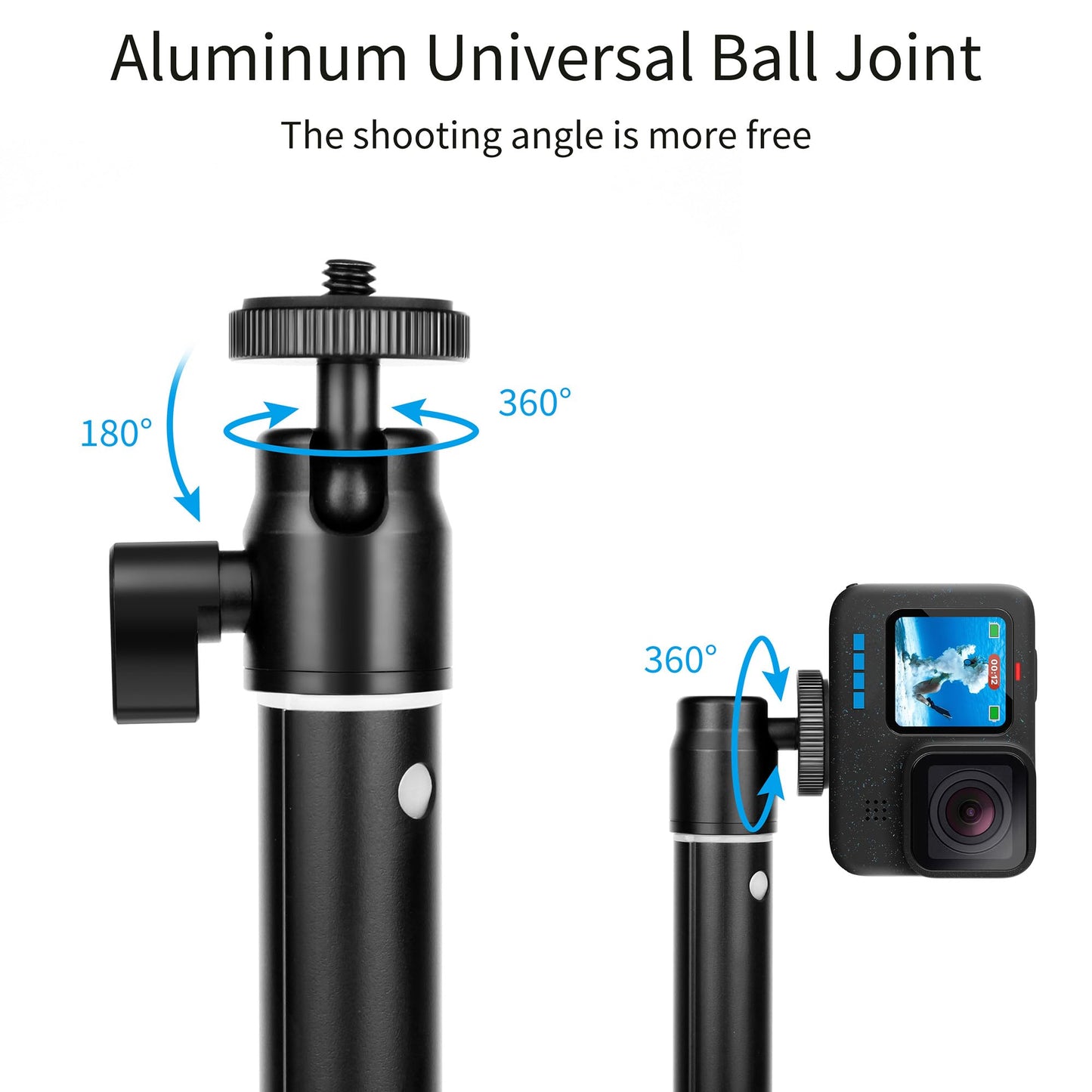 SOONSUN 37" Extension Selfie Stick Hand Grip Waterproof Monopod Pole with 360 Rotation Ball Head for GoPro Hero 13 12 11 10 9 8 7 6 5, Session