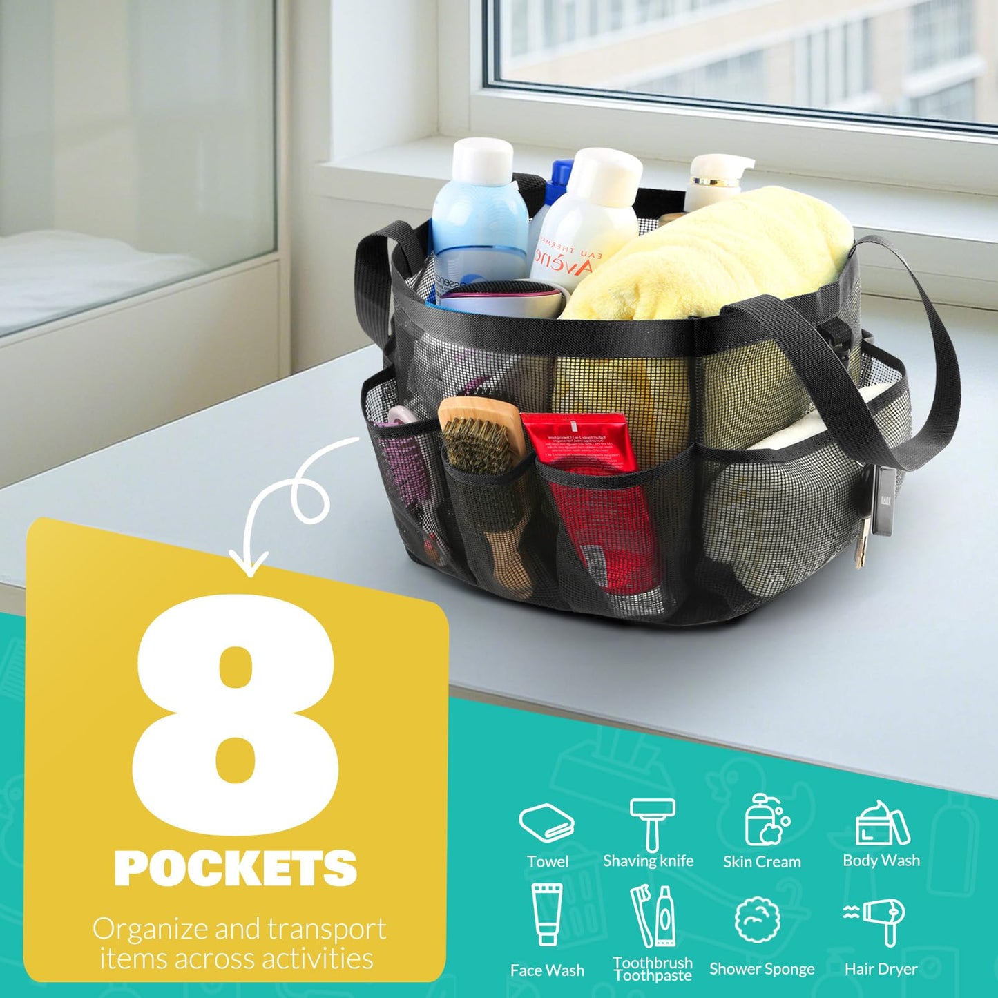 LOYEE Mesh Shower Caddy Portable for College Dorm Room Essentials with 8 Pockets, Shower Bag for Beach, Swimming, Gym, Travel, Bathroom(Black)