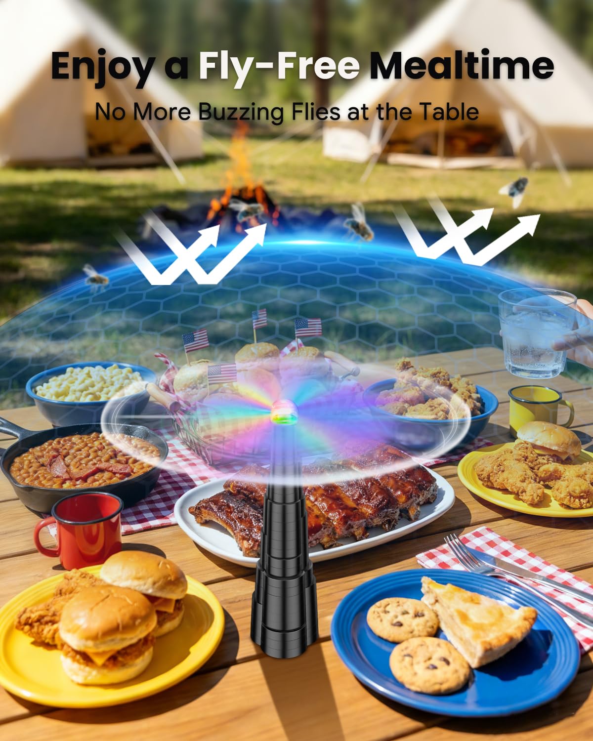 Fly Fans for Tables, Rechargeable Fly Fan Table Top Fan with LED Light, Fly Spinner with Soft Holographic Blades for Picnic, Restaurant, Party, Home