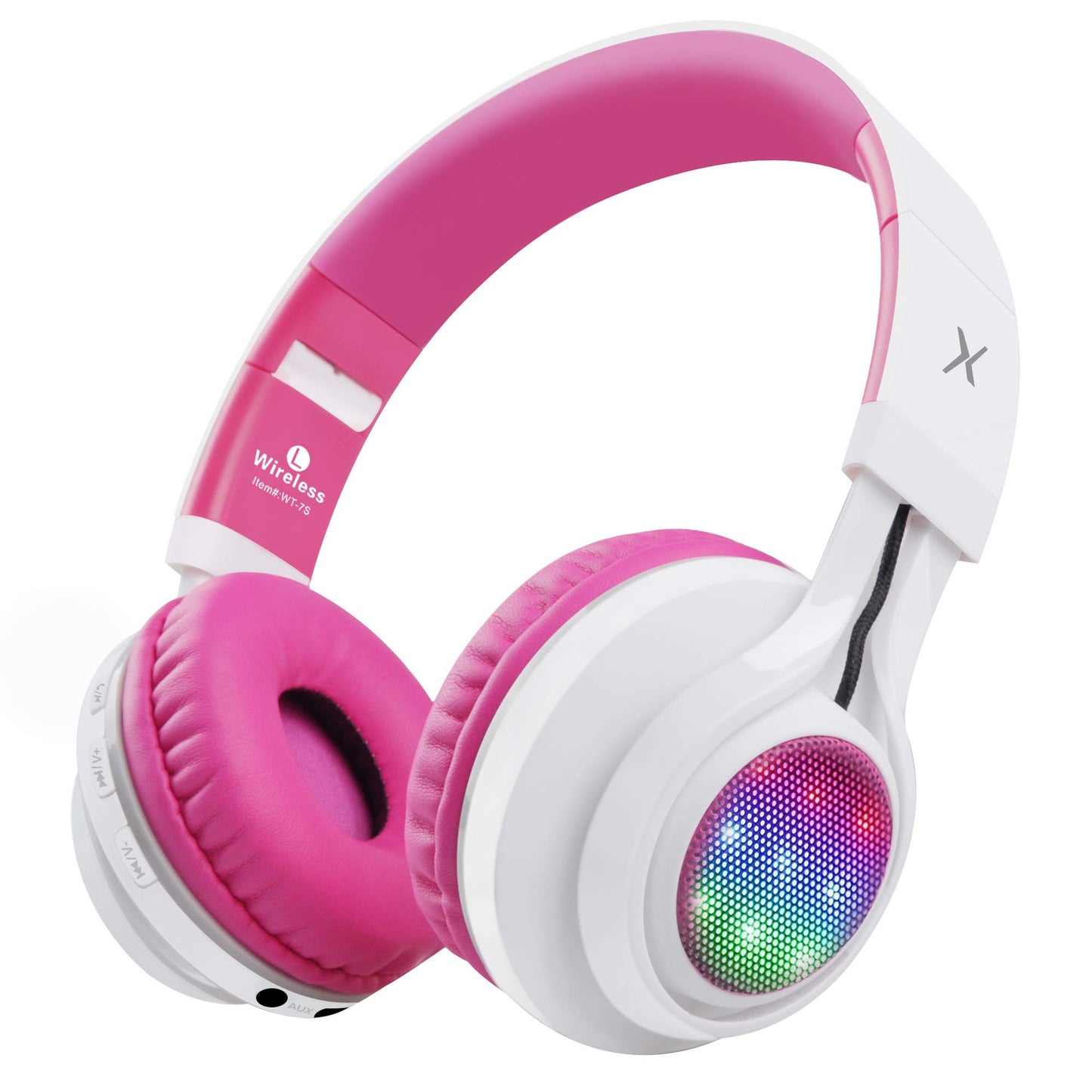 Riwbox WT-7S Bluetooth Headphones Light Up, Foldable Stero Wireless Headset with Microphone and Volume Control for PC/Tablet/TV/Travel (Pink)